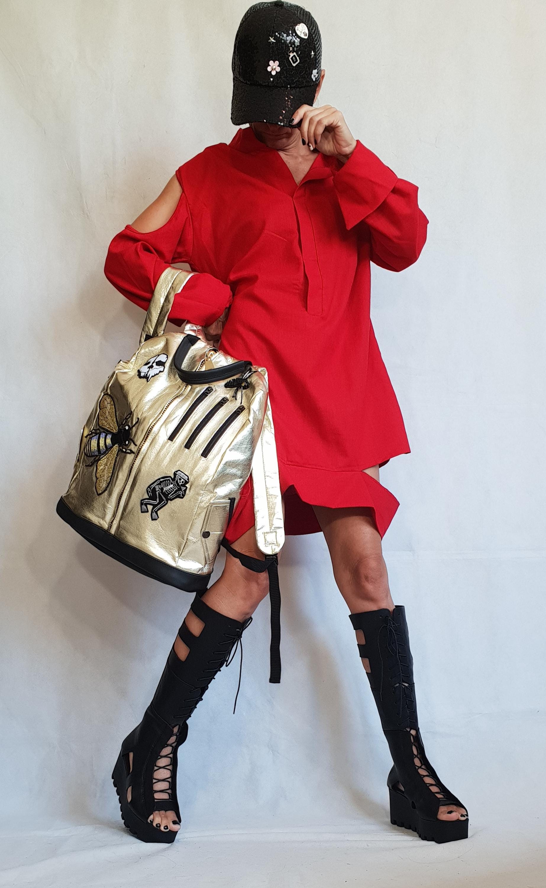 Extravagant Linen Dress, Red Asymmetric Dress Tunic, Plus Size Clothing, Avant Garde Dress, Long Sleeve/Sleeveless DRESSSHOESCODE