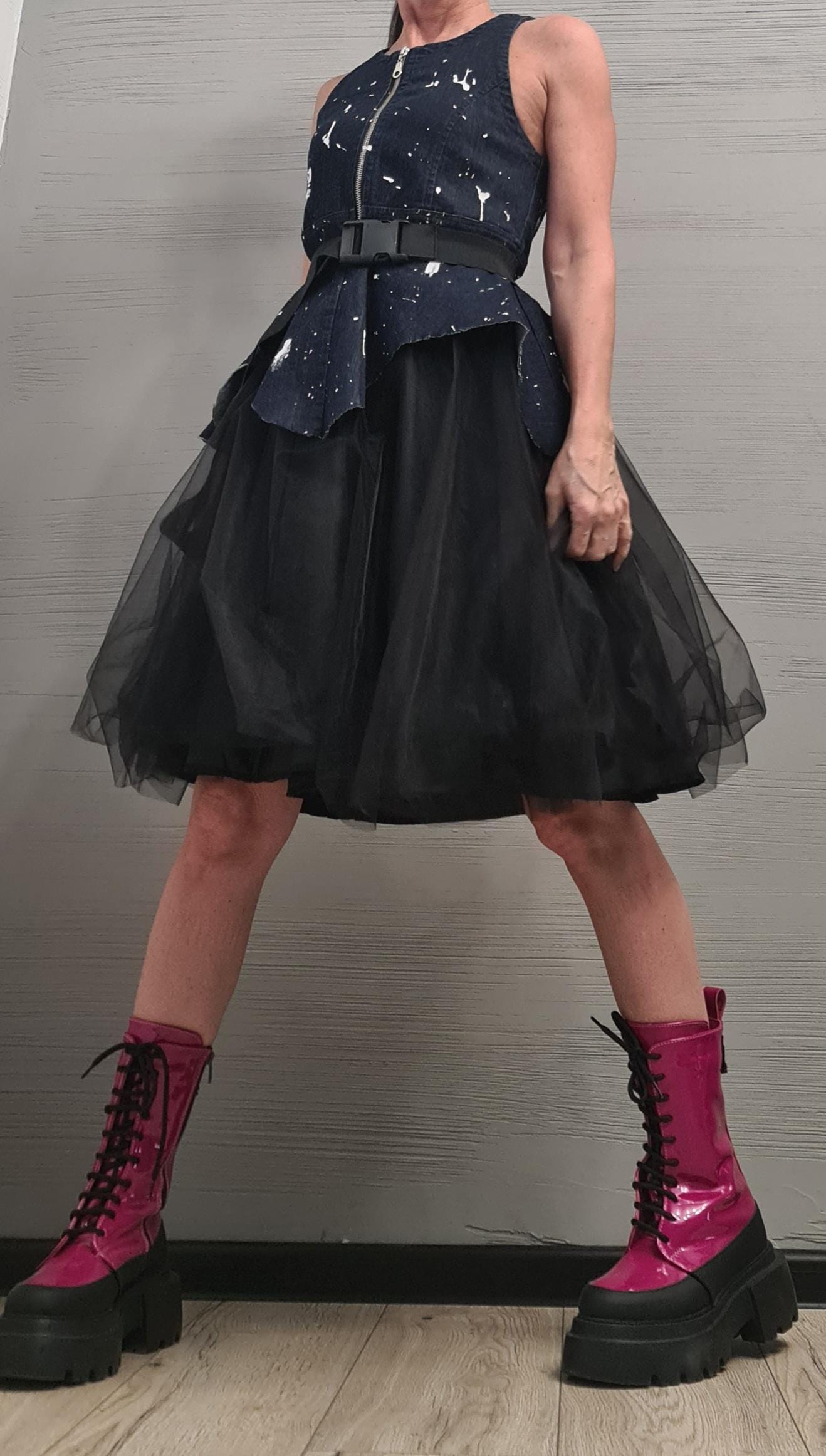 New collection Denim Extravagant Dress, Asymmetric Denim Tulle Dress, Sleeveless Dress, Sexy Dress, Party dress