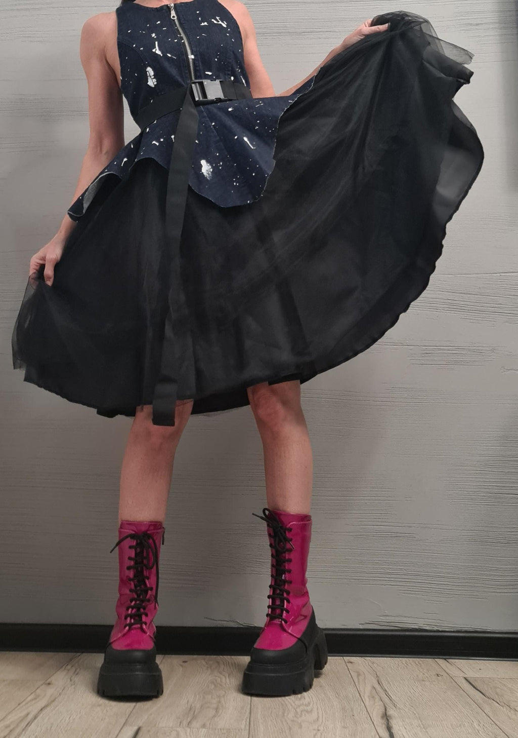 New collection Denim Extravagant Dress, Asymmetric Denim Tulle Dress, Sleeveless Dress, Sexy Dress, Party dress