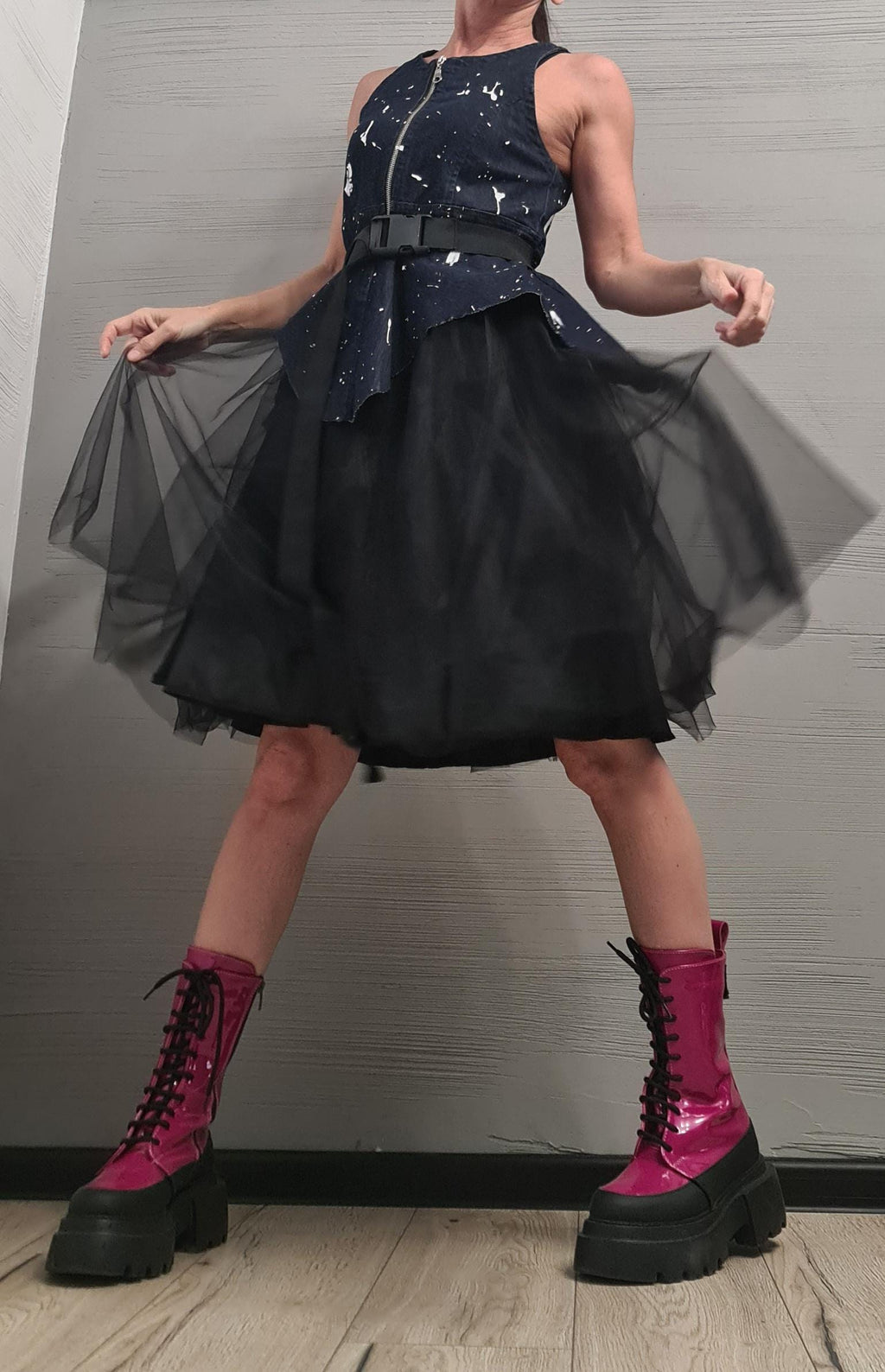 New collection Denim Extravagant Dress, Asymmetric Denim Tulle Dress, Sleeveless Dress, Sexy Dress, Party dress