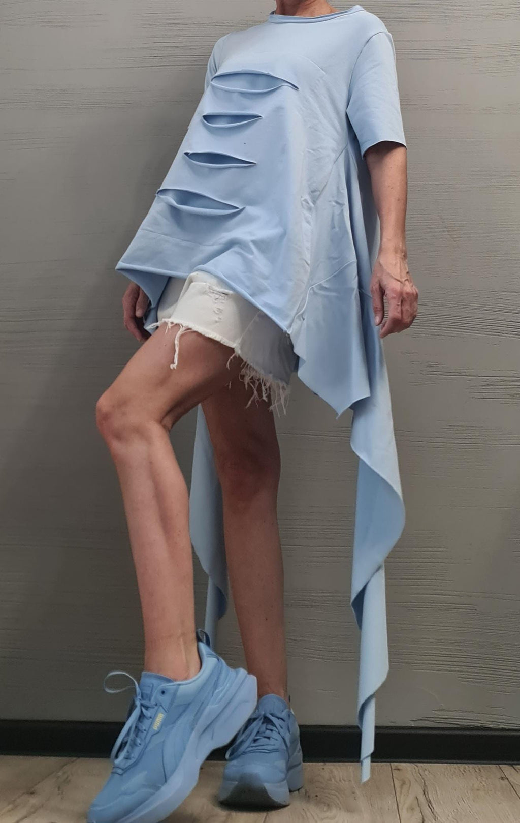 Avant Garde Light blue Tunic, Deconstructed Top, Loose Tunic, Asymmetric Blouse, Oversize Tunic, Short Sleeve
