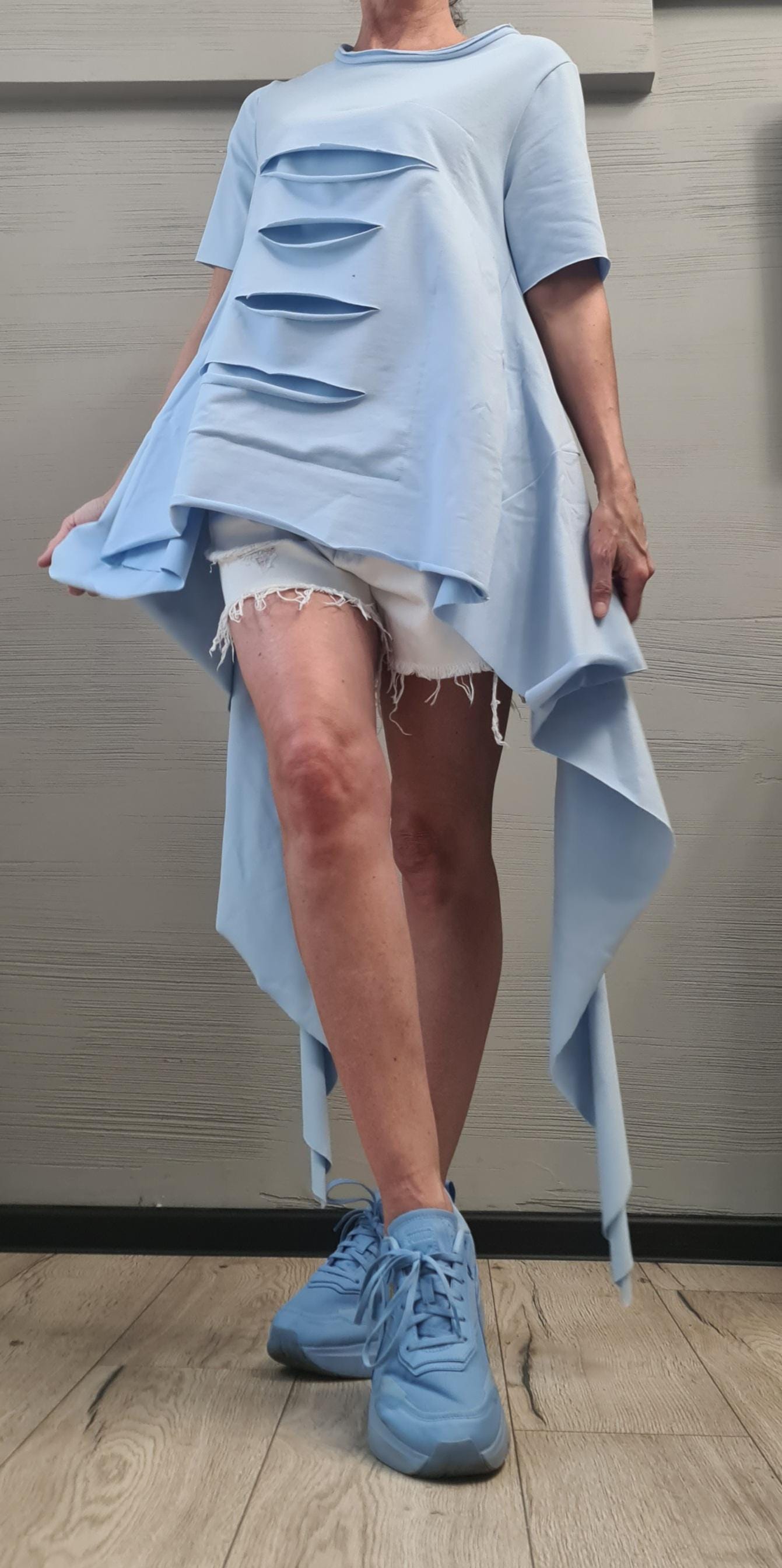Avant Garde Light blue Tunic, Deconstructed Top, Loose Tunic, Asymmetric Blouse, Oversize Tunic, Short Sleeve
