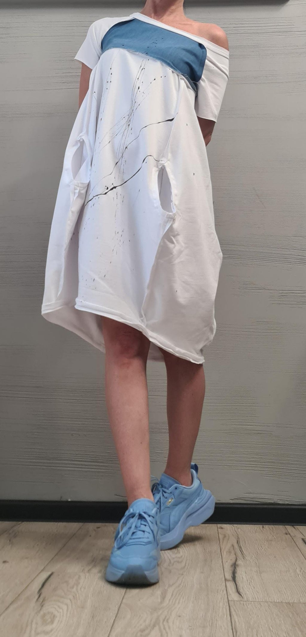 White Extravagant  Dress, One Shoulder Dress, Cotton Denim Tunic Dress, Plus Size Clothing, Asymmetric Dress, Knee Length Dress