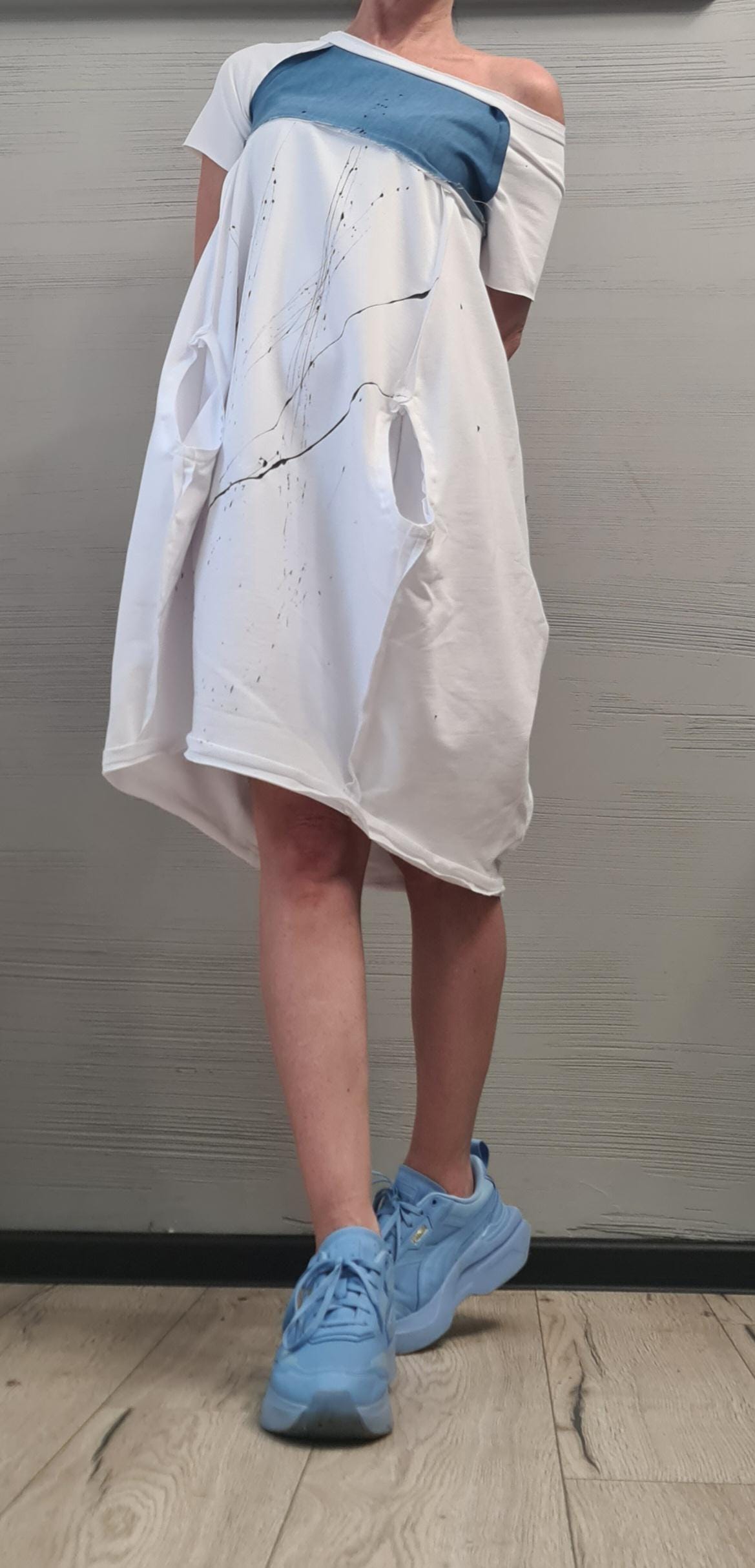 White Extravagant  Dress, One Shoulder Dress, Cotton Denim Tunic Dress, Plus Size Clothing, Asymmetric Dress, Knee Length Dress