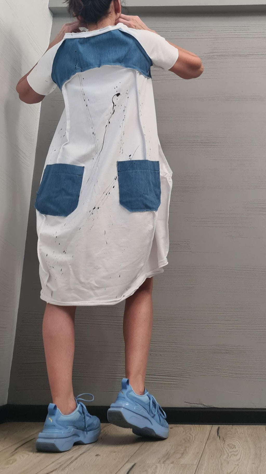 White Extravagant  Dress, One Shoulder Dress, Cotton Denim Tunic Dress, Plus Size Clothing, Asymmetric Dress, Knee Length Dress