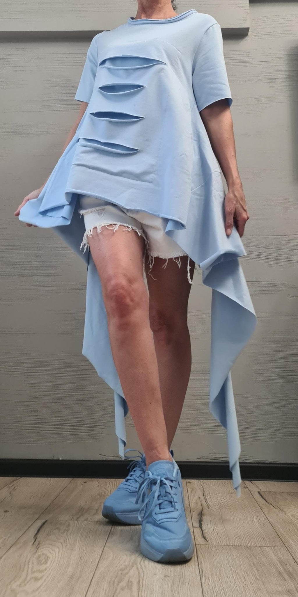 Avant Garde Light blue Tunic, Deconstructed Top, Loose Tunic, Asymmetric Blouse, Oversize Tunic, Short Sleeve