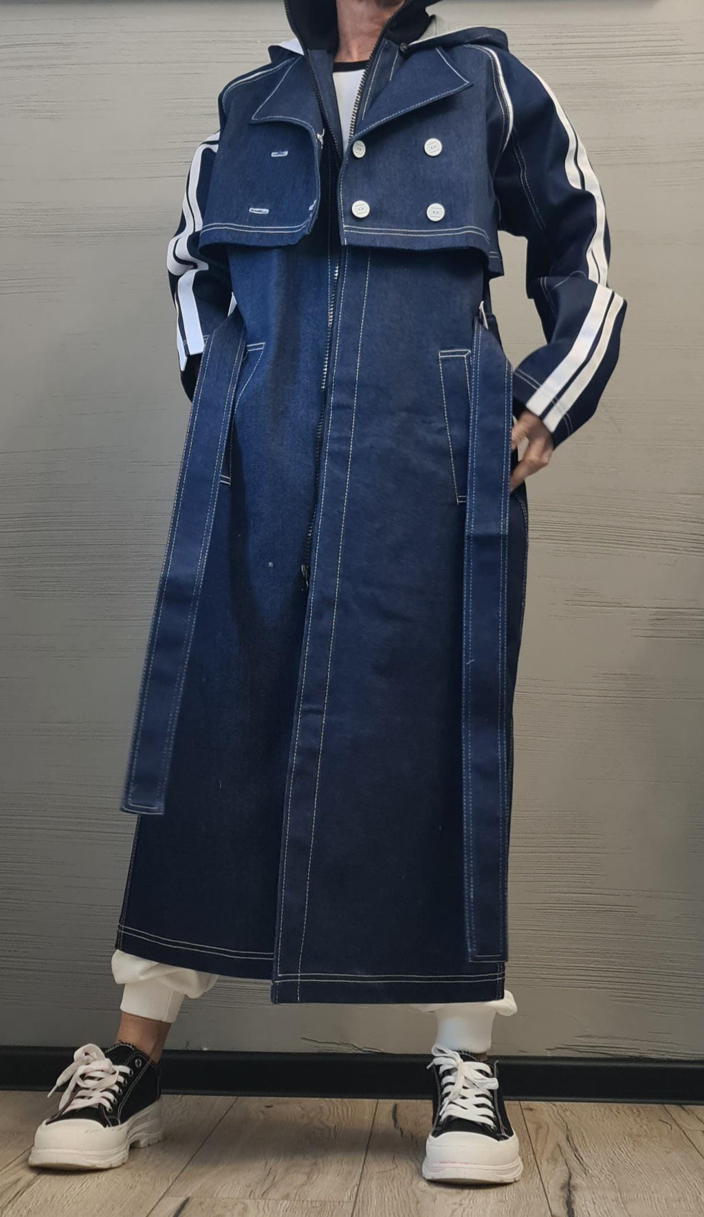 New collection Denim Spring Blazer, Two pieces - Long sleeveless Vest and Short Jacket, Extravagant Long loose hooded Trench Coat
