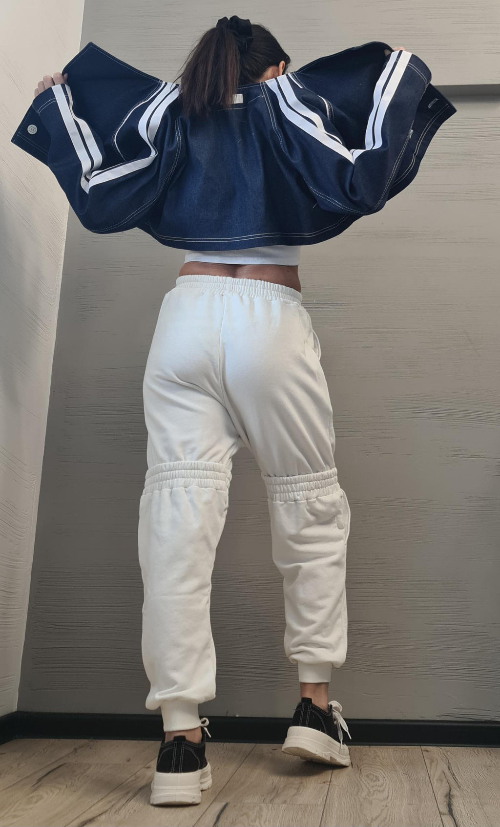 New collection Denim Spring Blazer, Two pieces - Long sleeveless Vest and Short Jacket, Extravagant Long loose hooded Trench Coat