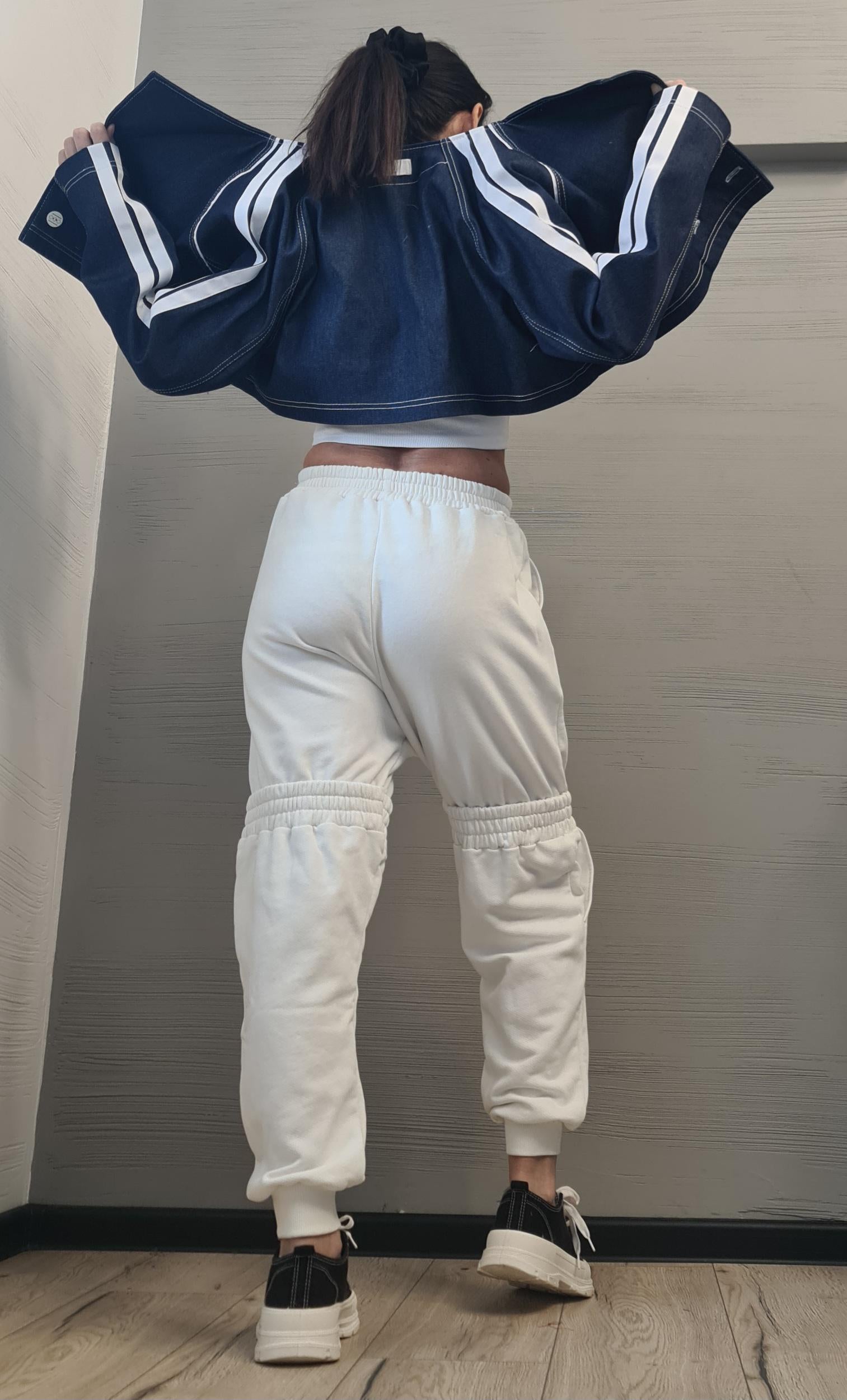 New collection Denim Spring Blazer, Two pieces - Long sleeveless Vest and Short Jacket, Extravagant Long loose hooded Trench Coat