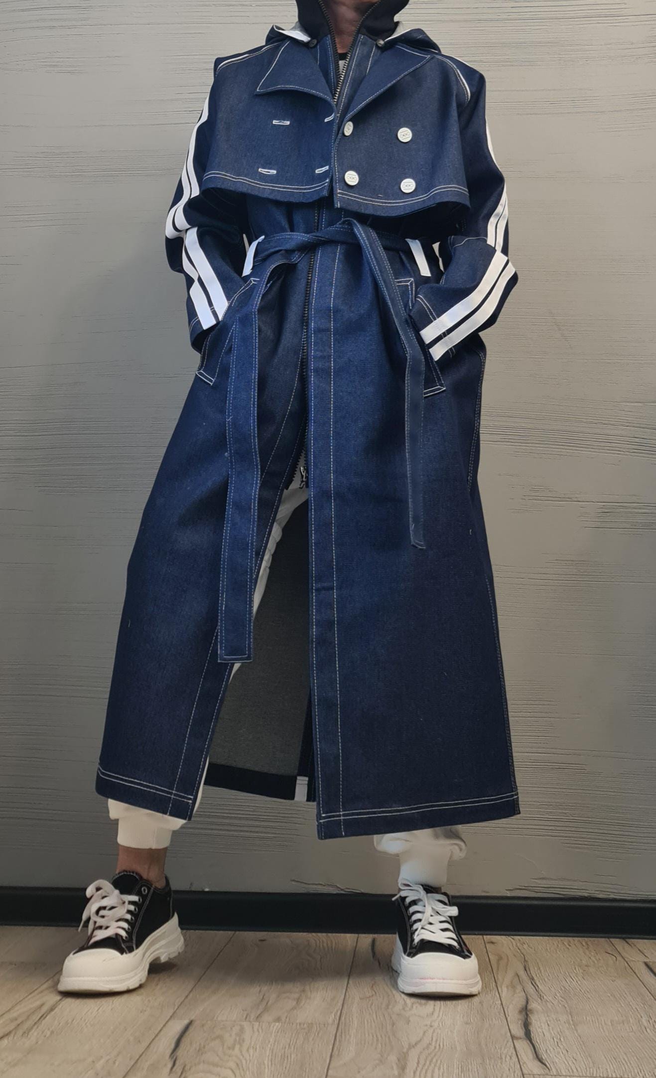 New collection Denim Spring Blazer, Two pieces - Long sleeveless Vest and Short Jacket, Extravagant Long loose hooded Trench Coat