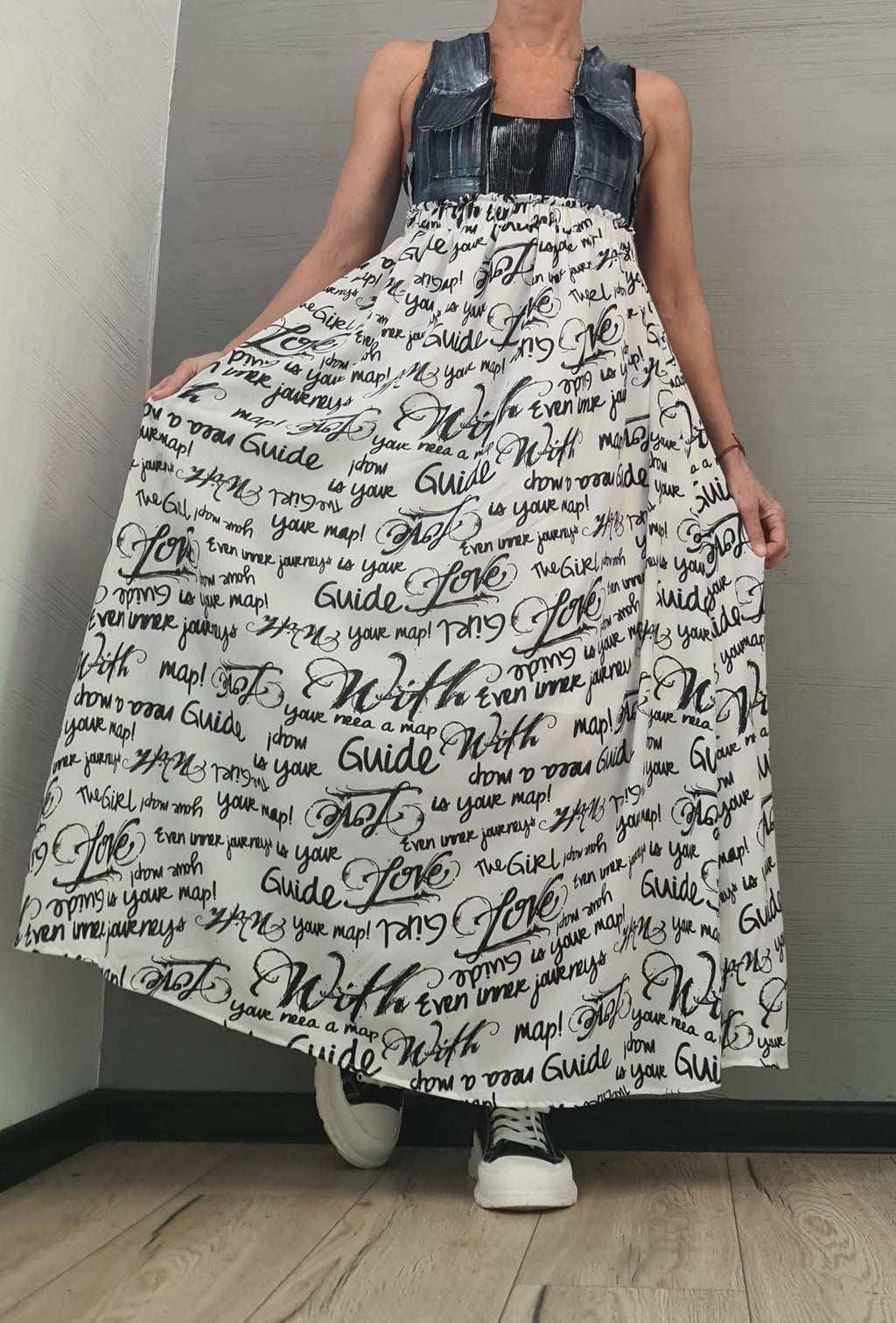 Handmade Asymmetrical Denim & Chiffon Maxi Dress – Sleeveless Cross-Back Tank Dress – Plus Size Avant-Garde Long Dress, Sexy Dress