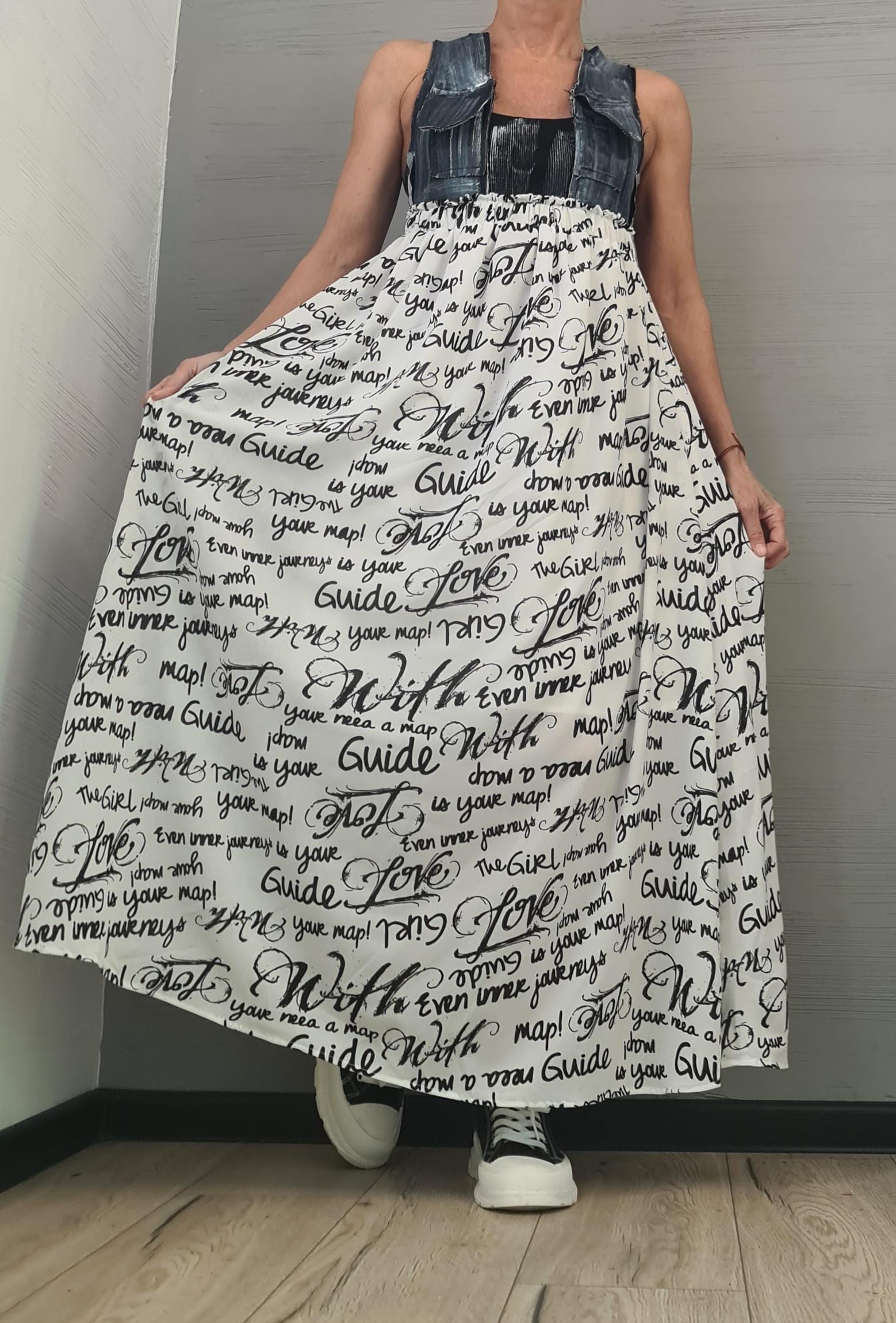 Handmade Asymmetrical Denim & Chiffon Maxi Dress – Sleeveless Cross-Back Tank Dress – Plus Size Avant-Garde Long Dress, Sexy Dress