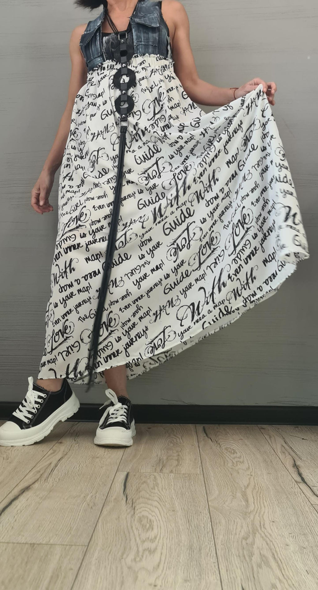 Handmade Asymmetrical Denim & Chiffon Maxi Dress – Sleeveless Cross-Back Tank Dress – Plus Size Avant-Garde Long Dress, Sexy Dress