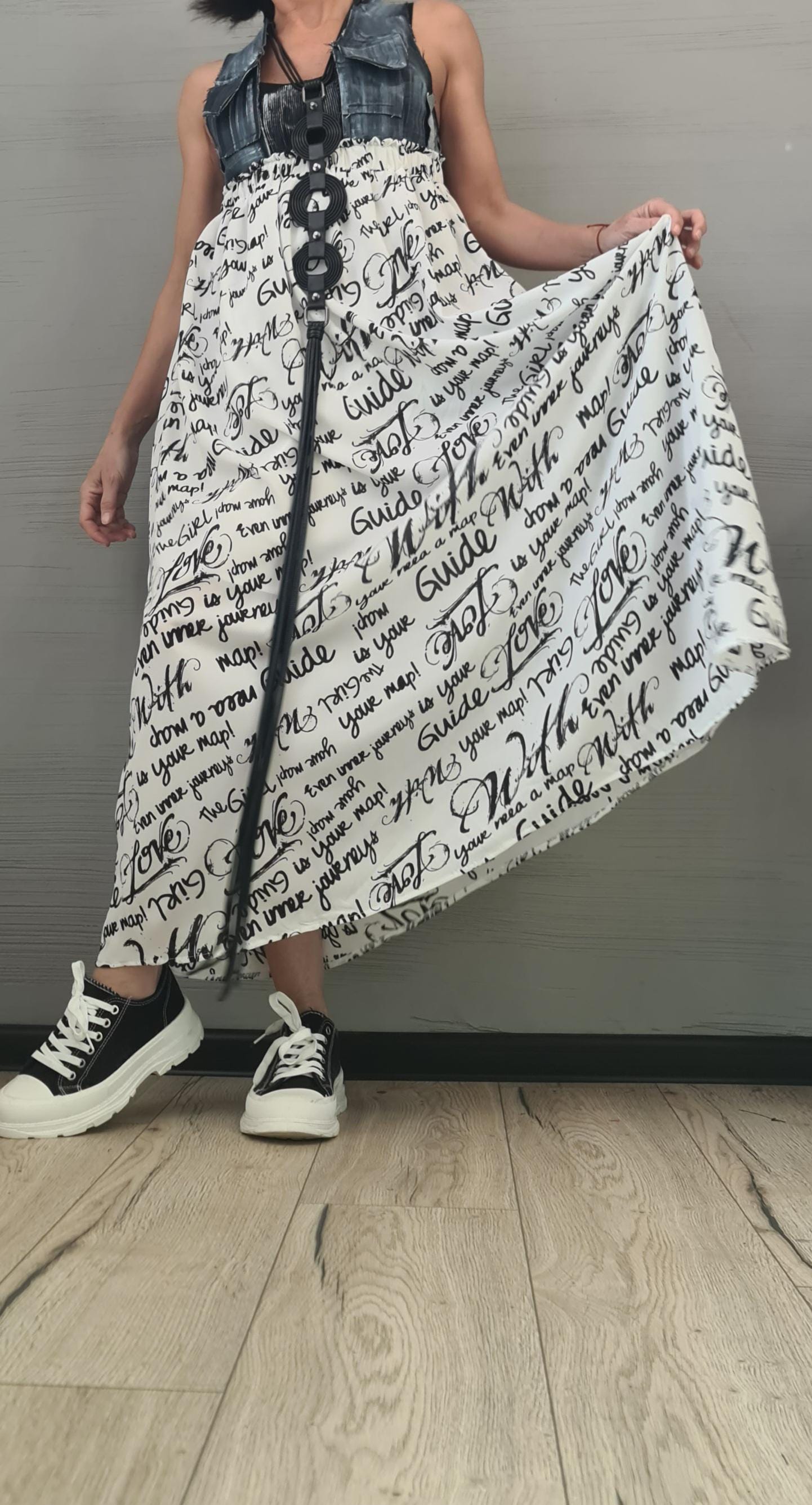 Handmade Asymmetrical Denim & Chiffon Maxi Dress – Sleeveless Cross-Back Tank Dress – Plus Size Avant-Garde Long Dress, Sexy Dress