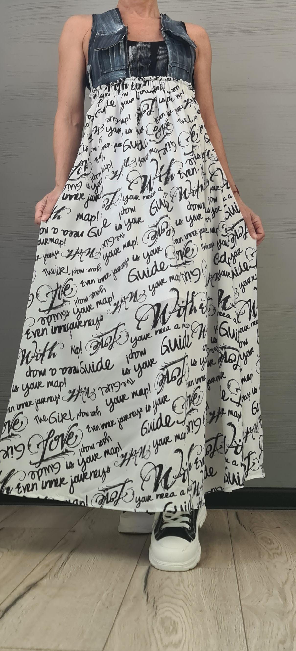 Handmade Asymmetrical Denim & Chiffon Maxi Dress – Sleeveless Cross-Back Tank Dress – Plus Size Avant-Garde Long Dress, Sexy Dress