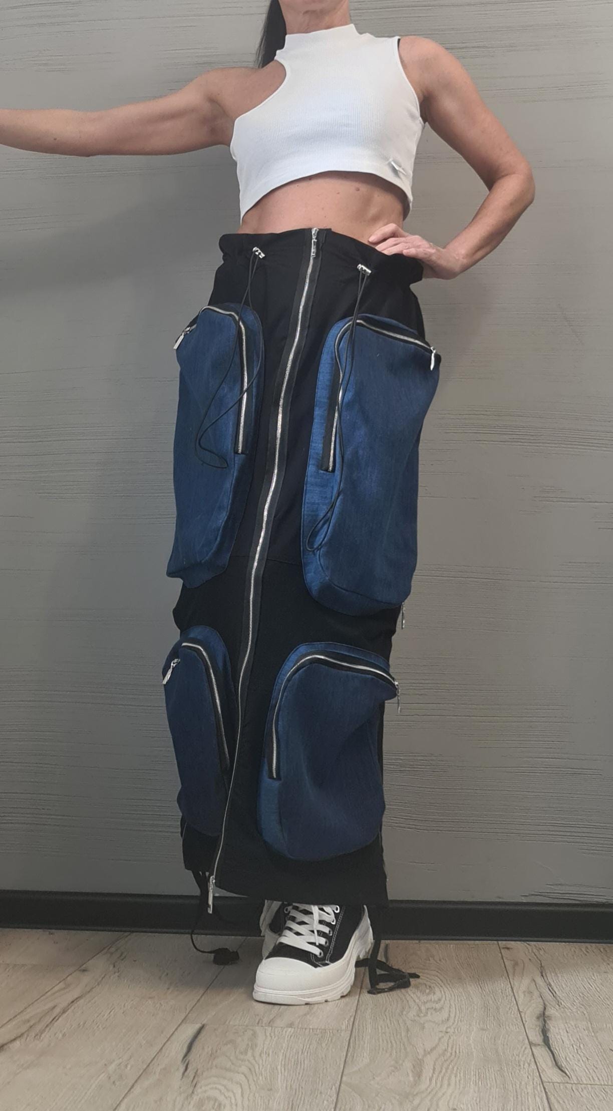 New collection Cargo skirt, Outer pockets, Denim cotton skirt, Extravagant Long Skirt, Deconstructed Avant Garde Skirt