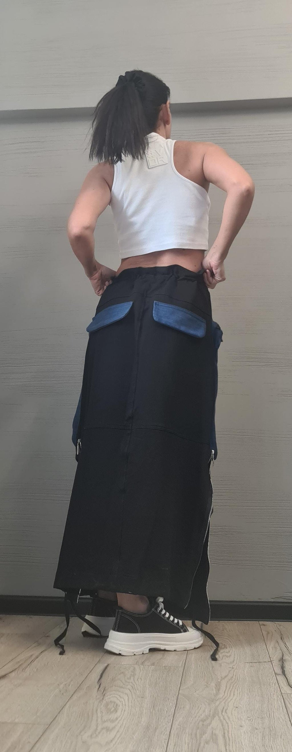 New collection Cargo skirt, Outer pockets, Denim cotton skirt, Extravagant Long Skirt, Deconstructed Avant Garde Skirt