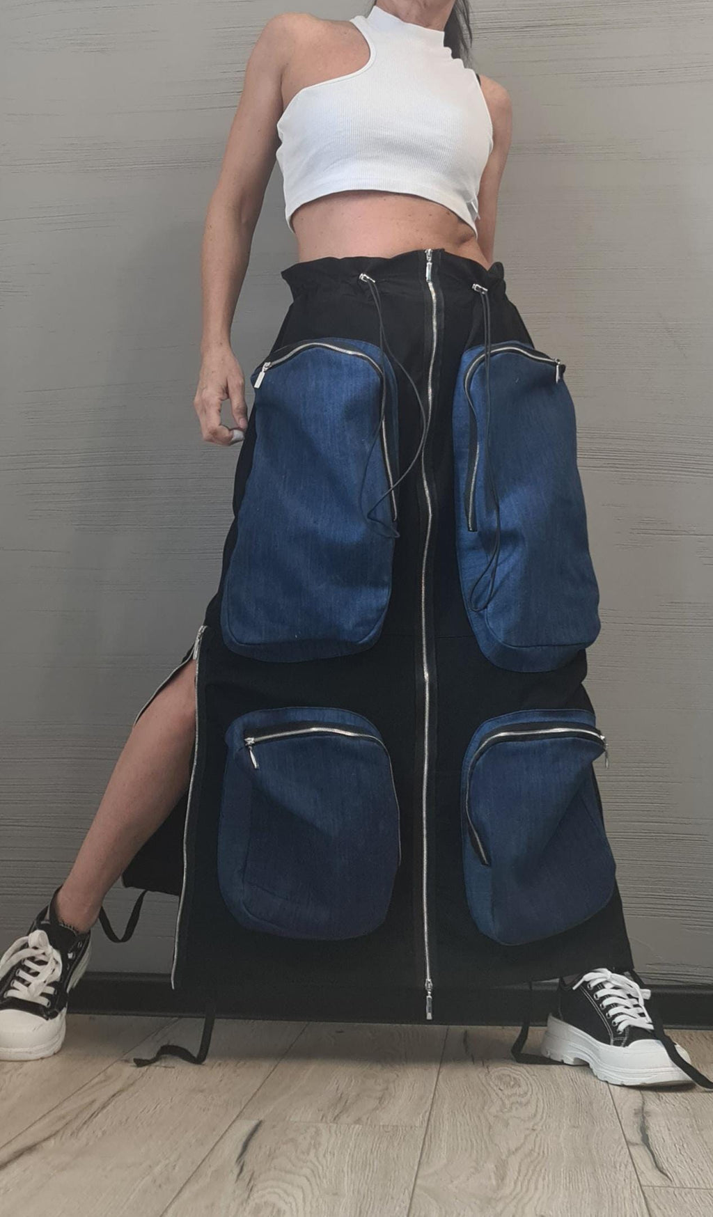 New collection Cargo skirt, Outer pockets, Denim cotton skirt, Extravagant Long Skirt, Deconstructed Avant Garde Skirt