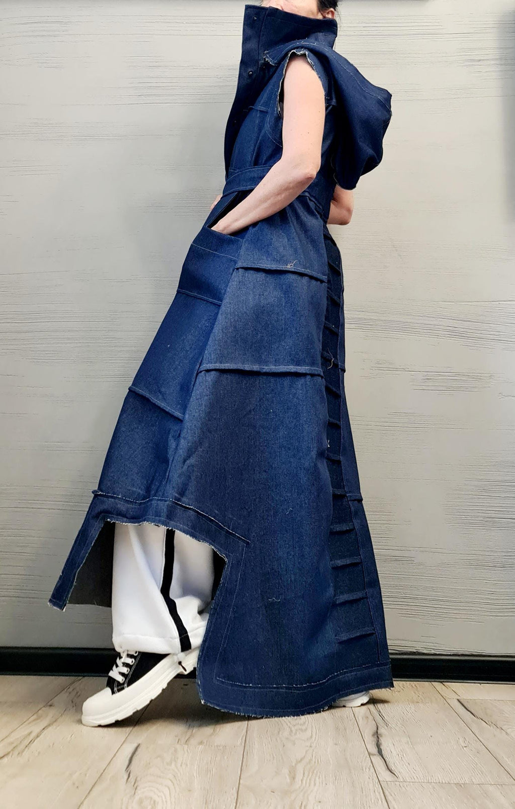 New collection Denim Hooded Vest, Extravagant Long loose Vest, Avant Garde Asymmetric Vest, Sleeveless, DRESSSHOESCODE