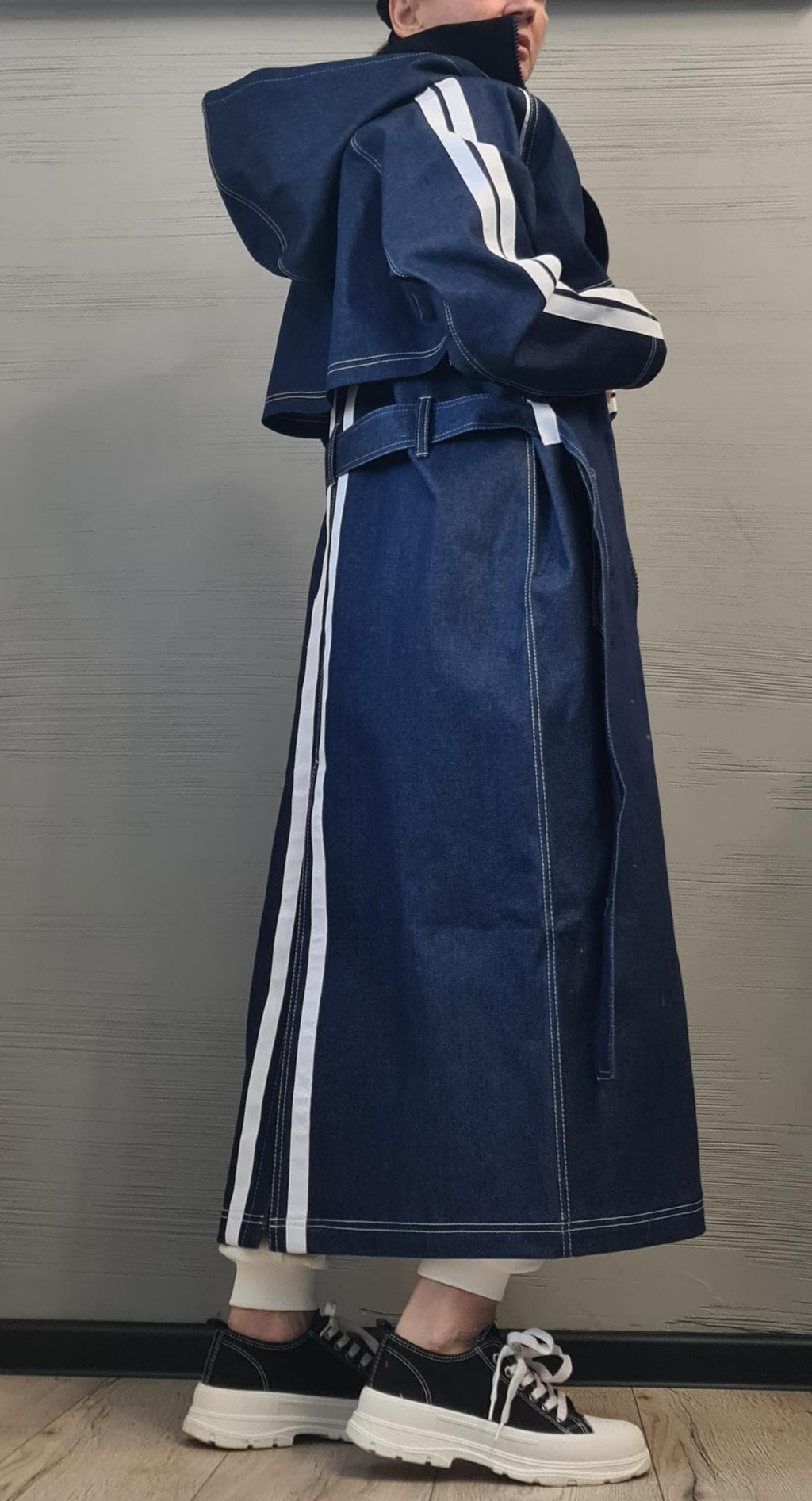 New collection Denim Spring Blazer, Two pieces - Long sleeveless Vest and Short Jacket, Extravagant Long loose hooded Trench Coat