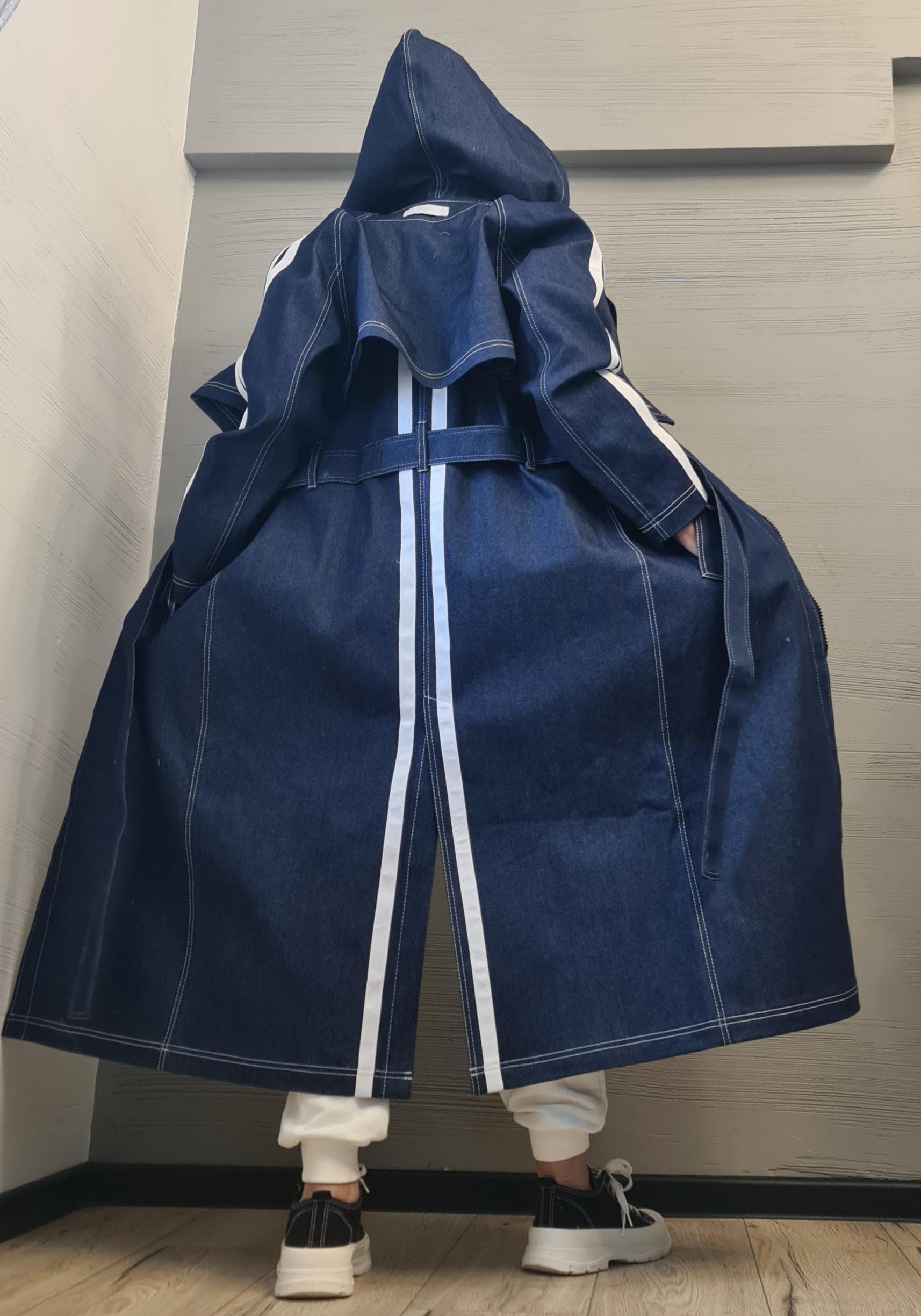New collection Denim Spring Blazer, Two pieces - Long sleeveless Vest and Short Jacket, Extravagant Long loose hooded Trench Coat