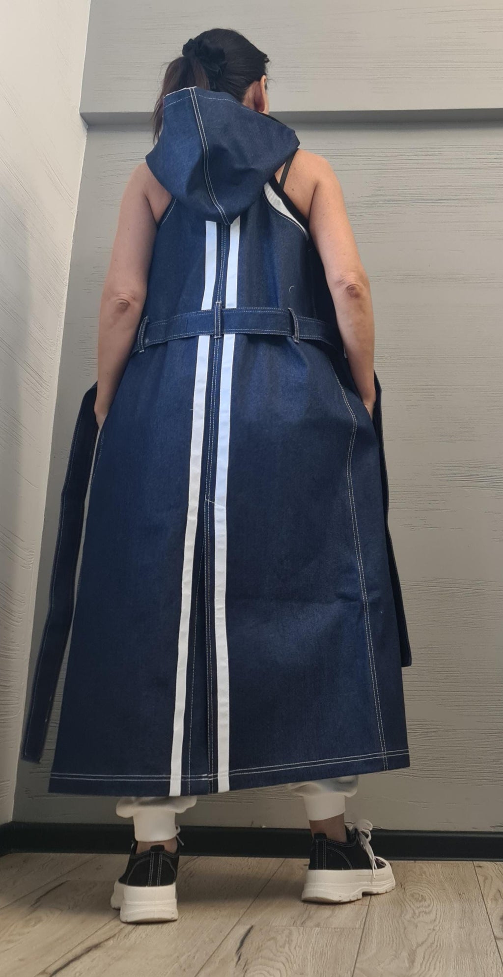 New collection Denim Spring Blazer, Two pieces - Long sleeveless Vest and Short Jacket, Extravagant Long loose hooded Trench Coat