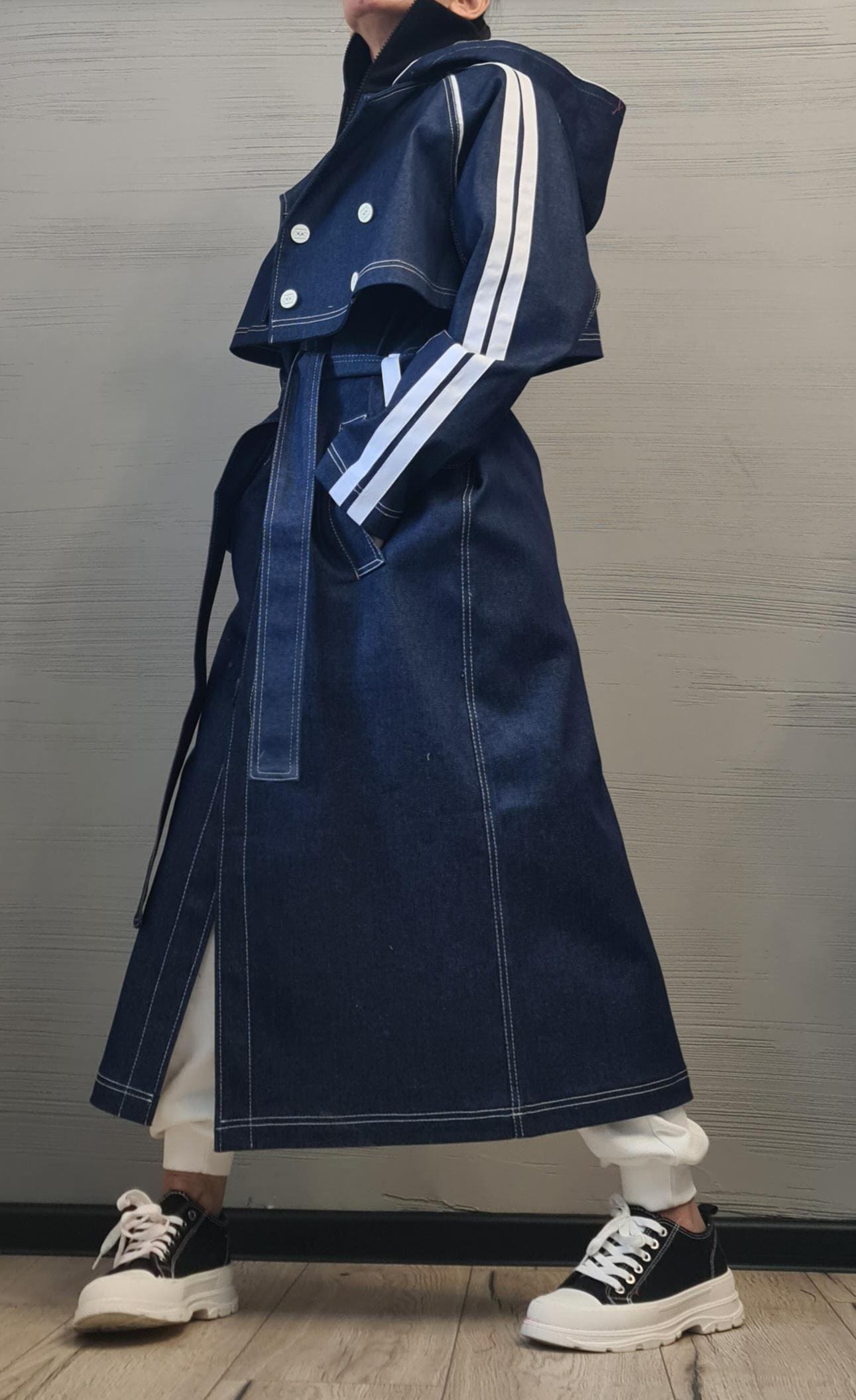 New collection Denim Spring Blazer, Two pieces - Long sleeveless Vest and Short Jacket, Extravagant Long loose hooded Trench Coat