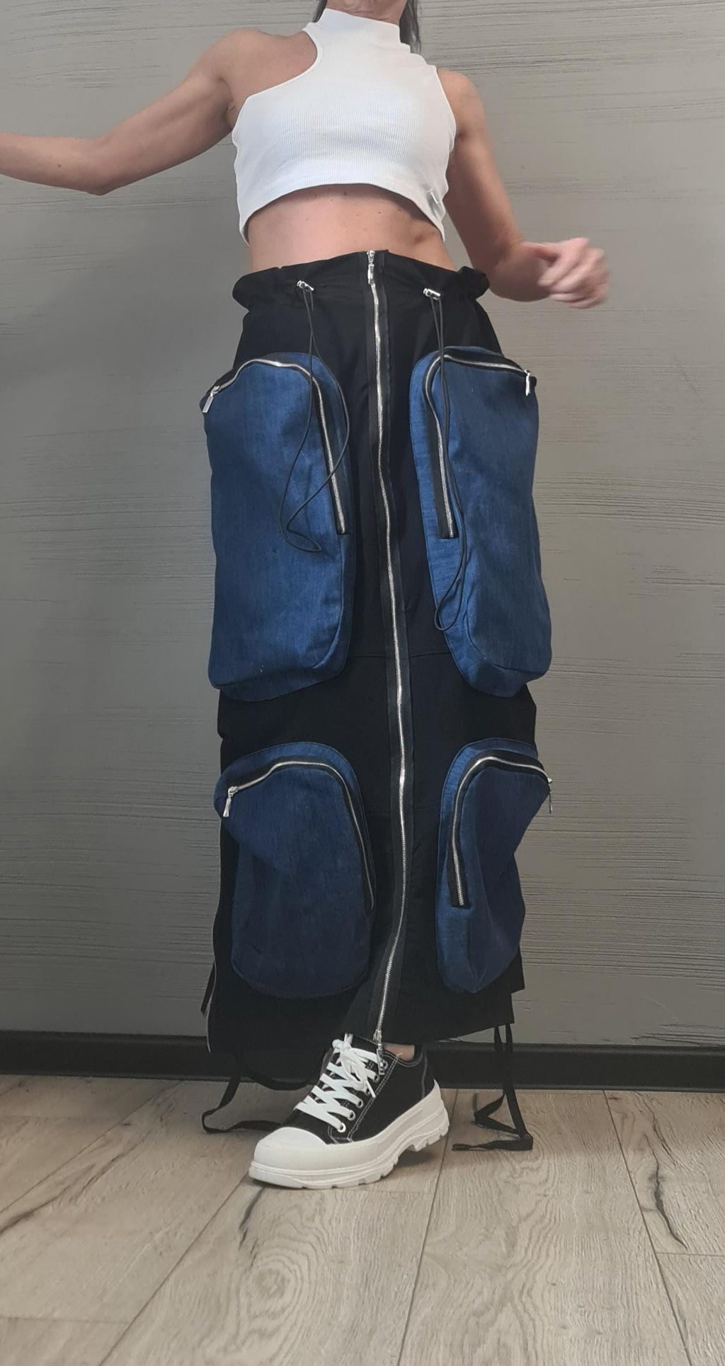 New collection Cargo skirt, Outer pockets, Denim cotton skirt, Extravagant Long Skirt, Deconstructed Avant Garde Skirt