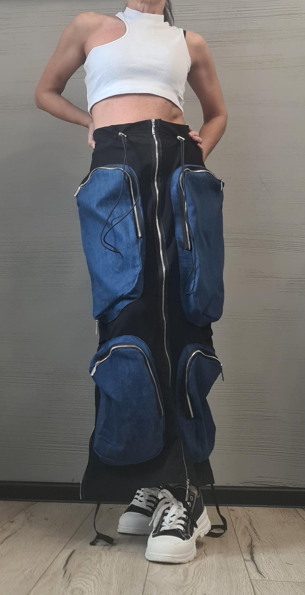 New collection Cargo skirt, Outer pockets, Denim cotton skirt, Extravagant Long Skirt, Deconstructed Avant Garde Skirt