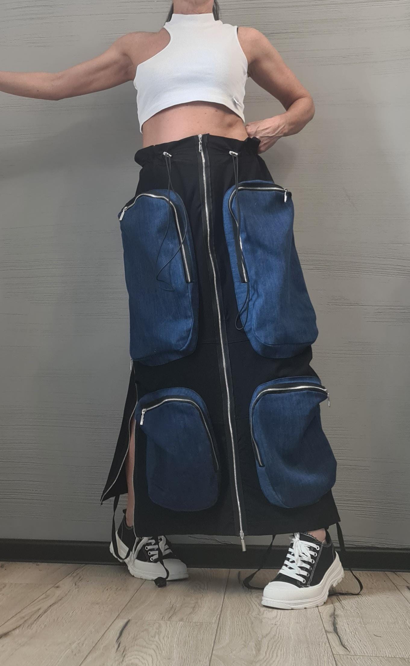 New collection Cargo skirt, Outer pockets, Denim cotton skirt, Extravagant Long Skirt, Deconstructed Avant Garde Skirt