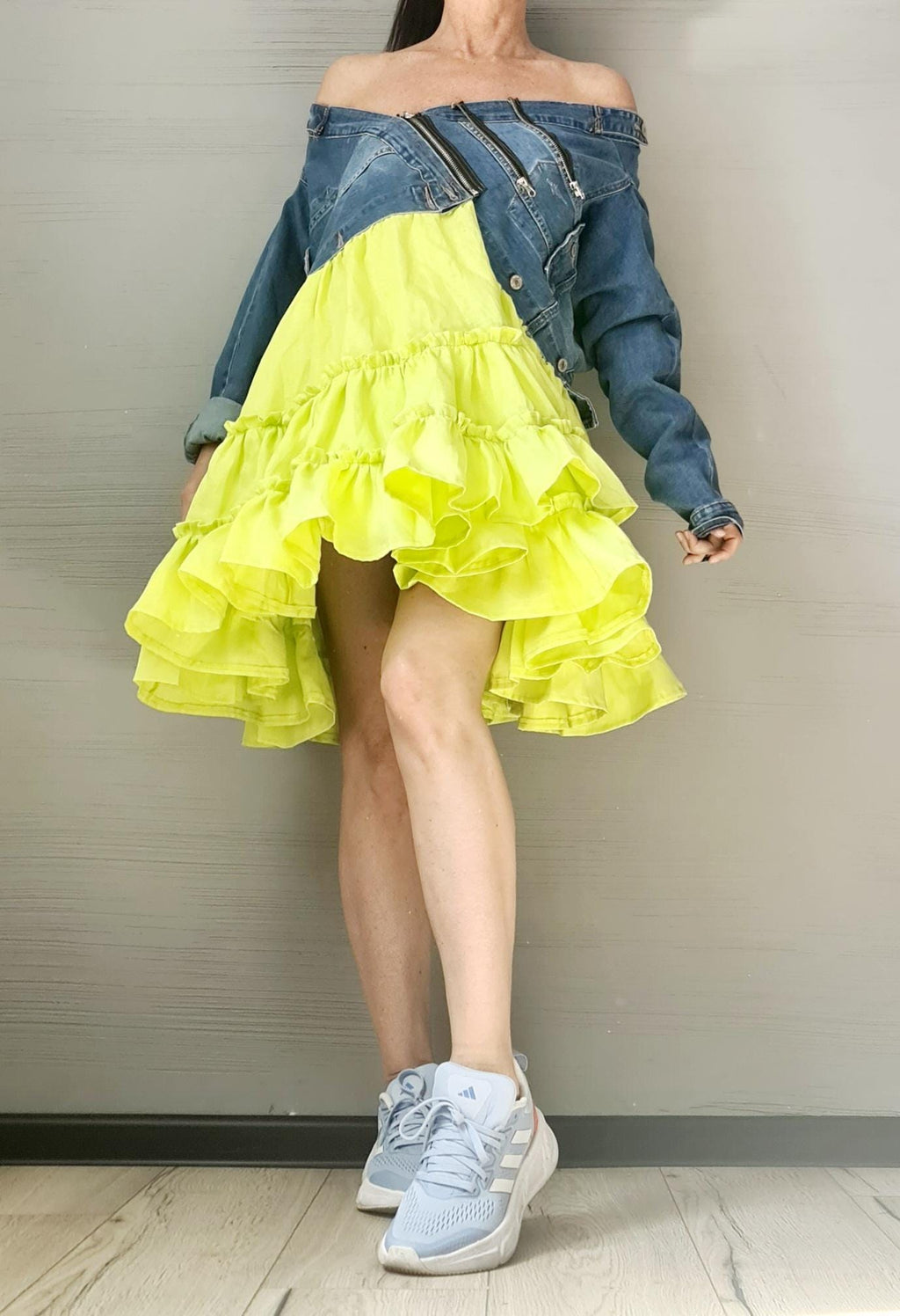 Denim Linen Dress, Asymmetric Dress, Oversize Dress, Off-shoulder, Extravagant Dress, Plus Size Dress, Avant-garde