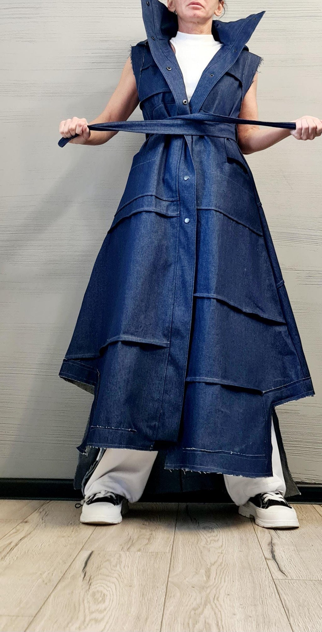 New collection Denim Hooded Vest, Extravagant Long loose Vest, Avant Garde Asymmetric Vest, Sleeveless, DRESSSHOESCODE