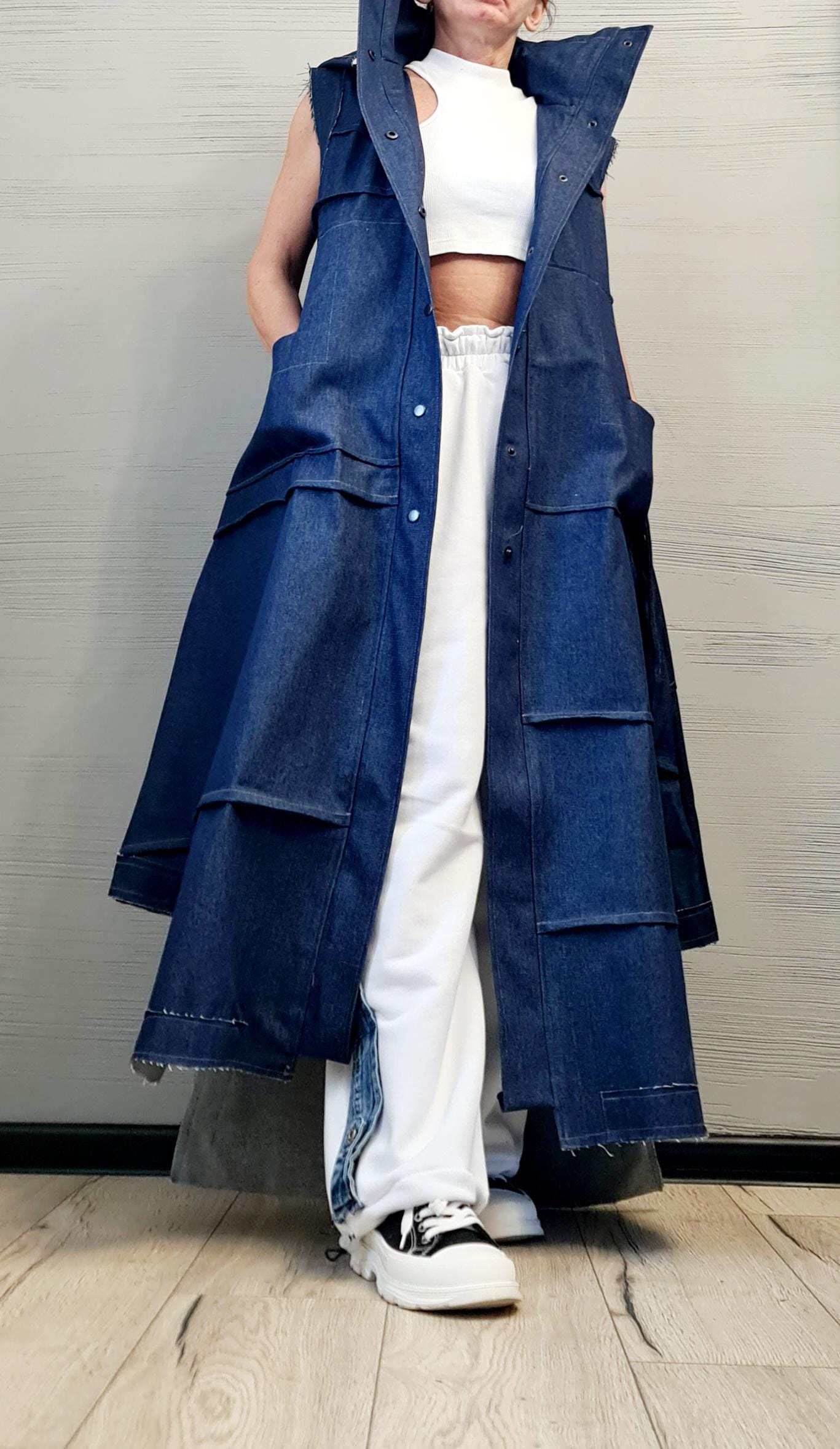 New collection Denim Hooded Vest, Extravagant Long loose Vest, Avant Garde Asymmetric Vest, Sleeveless, DRESSSHOESCODE