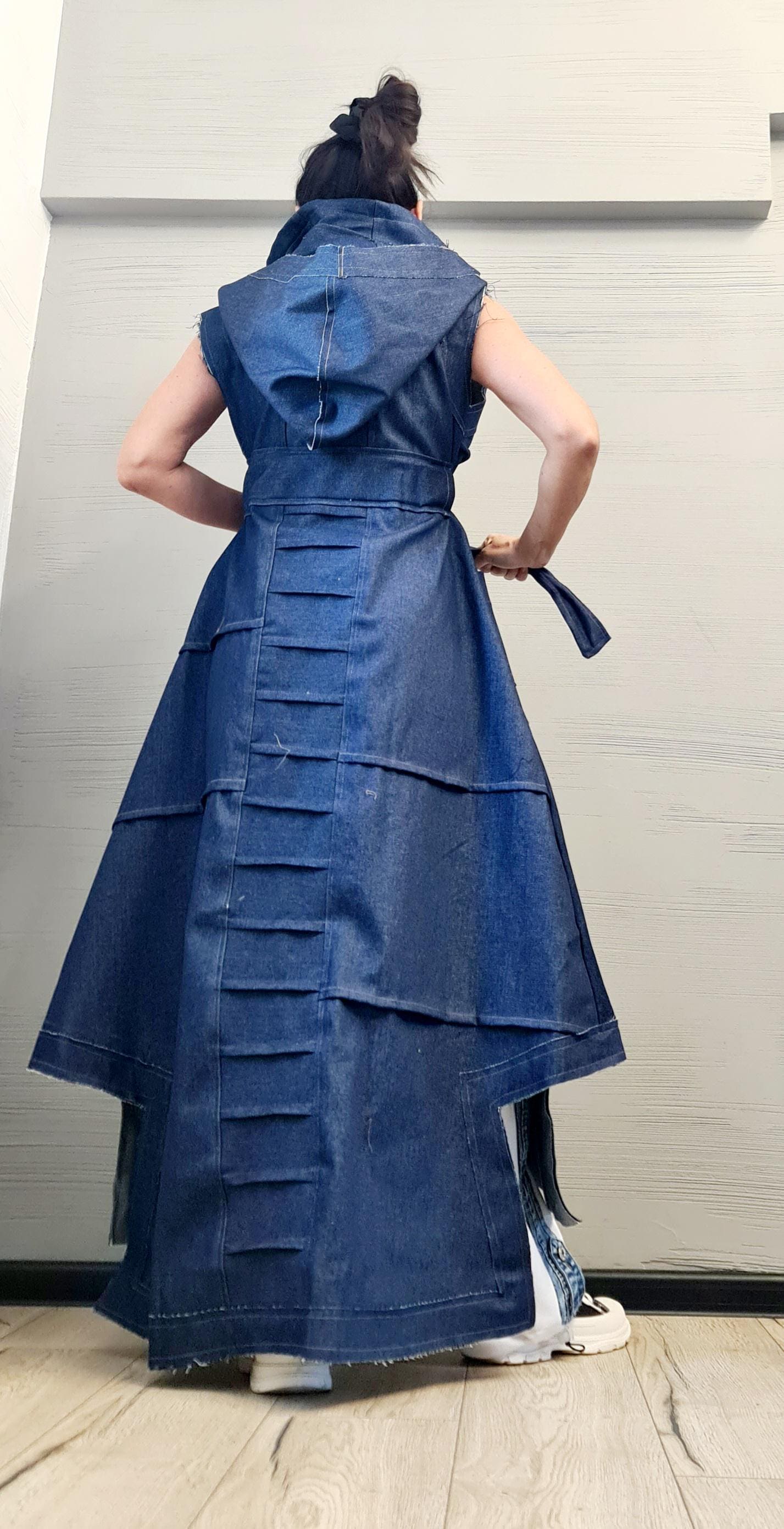 New collection Denim Hooded Vest, Extravagant Long loose Vest, Avant Garde Asymmetric Vest, Sleeveless, DRESSSHOESCODE