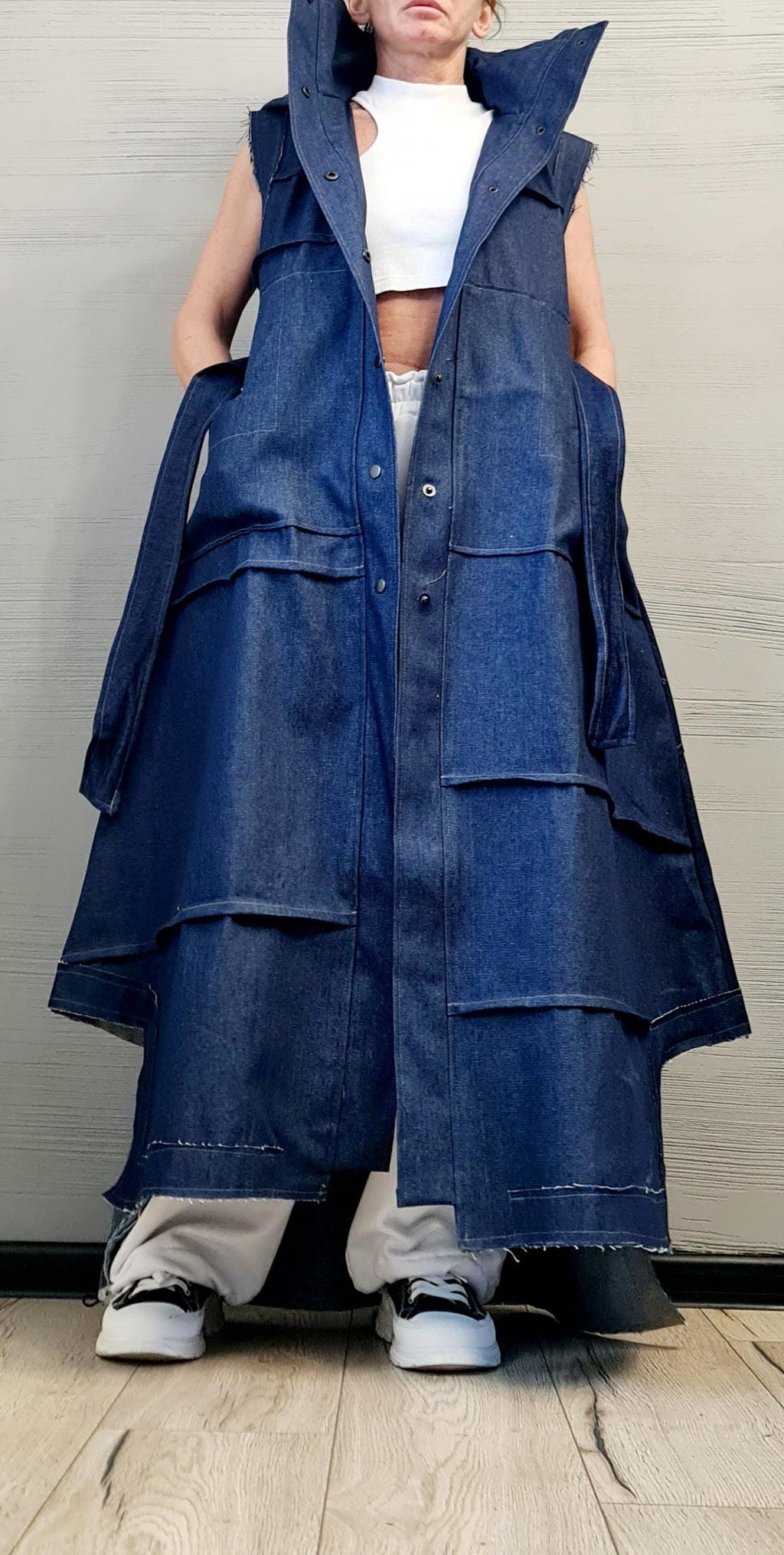 New collection Denim Hooded Vest, Extravagant Long loose Vest, Avant Garde Asymmetric Vest, Sleeveless, DRESSSHOESCODE