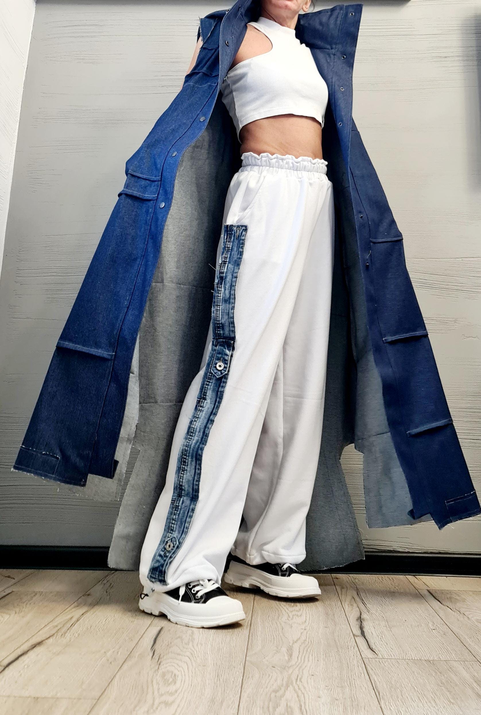 New collection Denim Hooded Vest, Extravagant Long loose Vest, Avant Garde Asymmetric Vest, Sleeveless, DRESSSHOESCODE