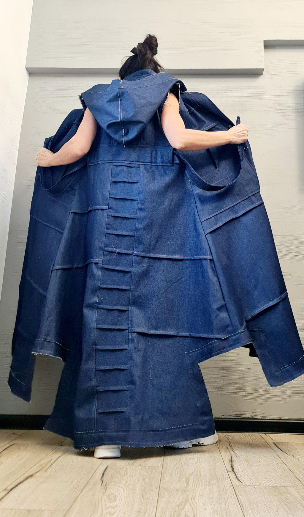 New collection Denim Hooded Vest, Extravagant Long loose Vest, Avant Garde Asymmetric Vest, Sleeveless, DRESSSHOESCODE