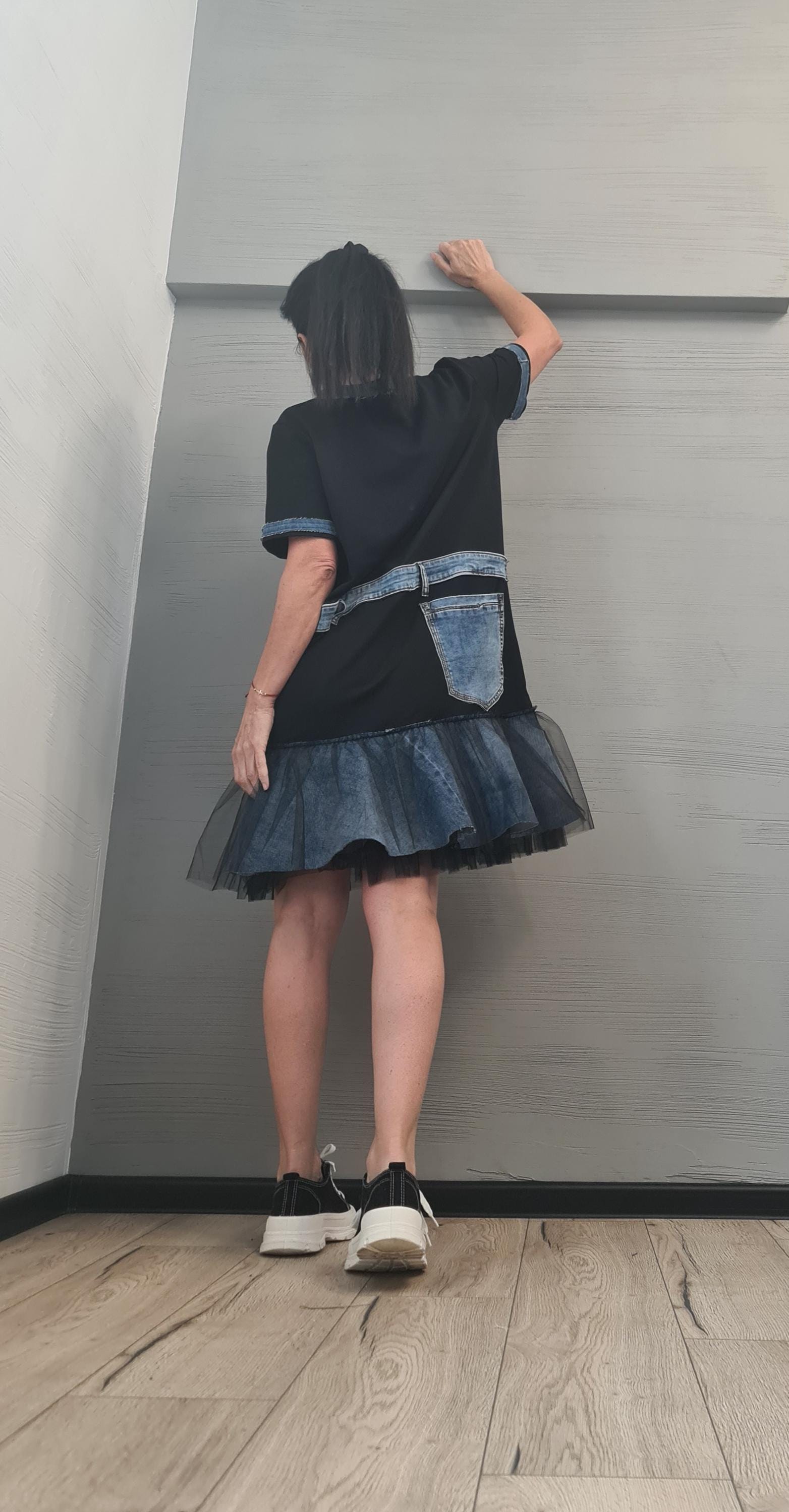 Extravagant  Dress, Cotton Denim Tunic Dress, Plus Size Clothing, Asymmetric Dress, Knee Length Dress, DRESSSHOESCODE