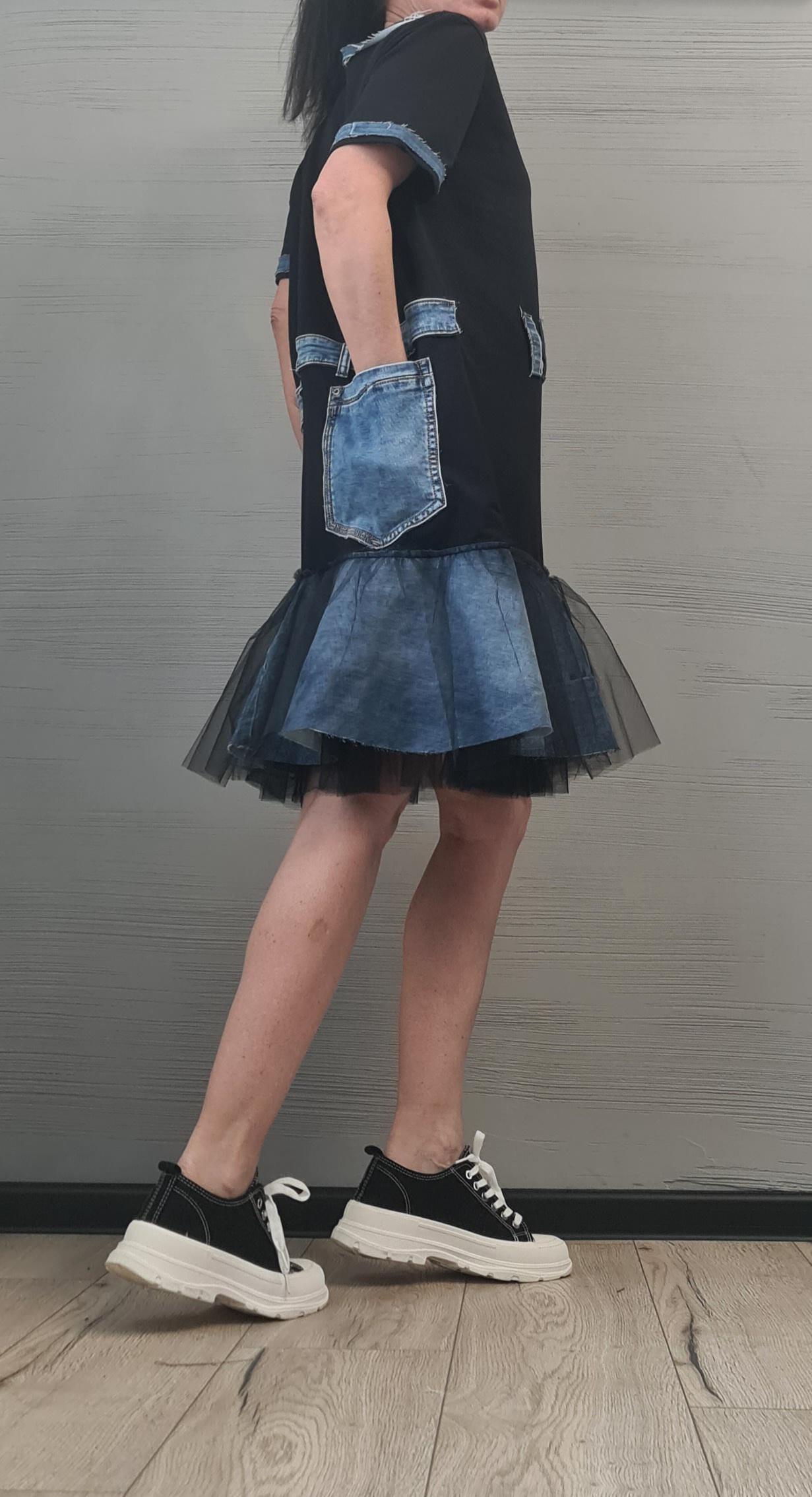 Extravagant  Dress, Cotton Denim Tunic Dress, Plus Size Clothing, Asymmetric Dress, Knee Length Dress, DRESSSHOESCODE