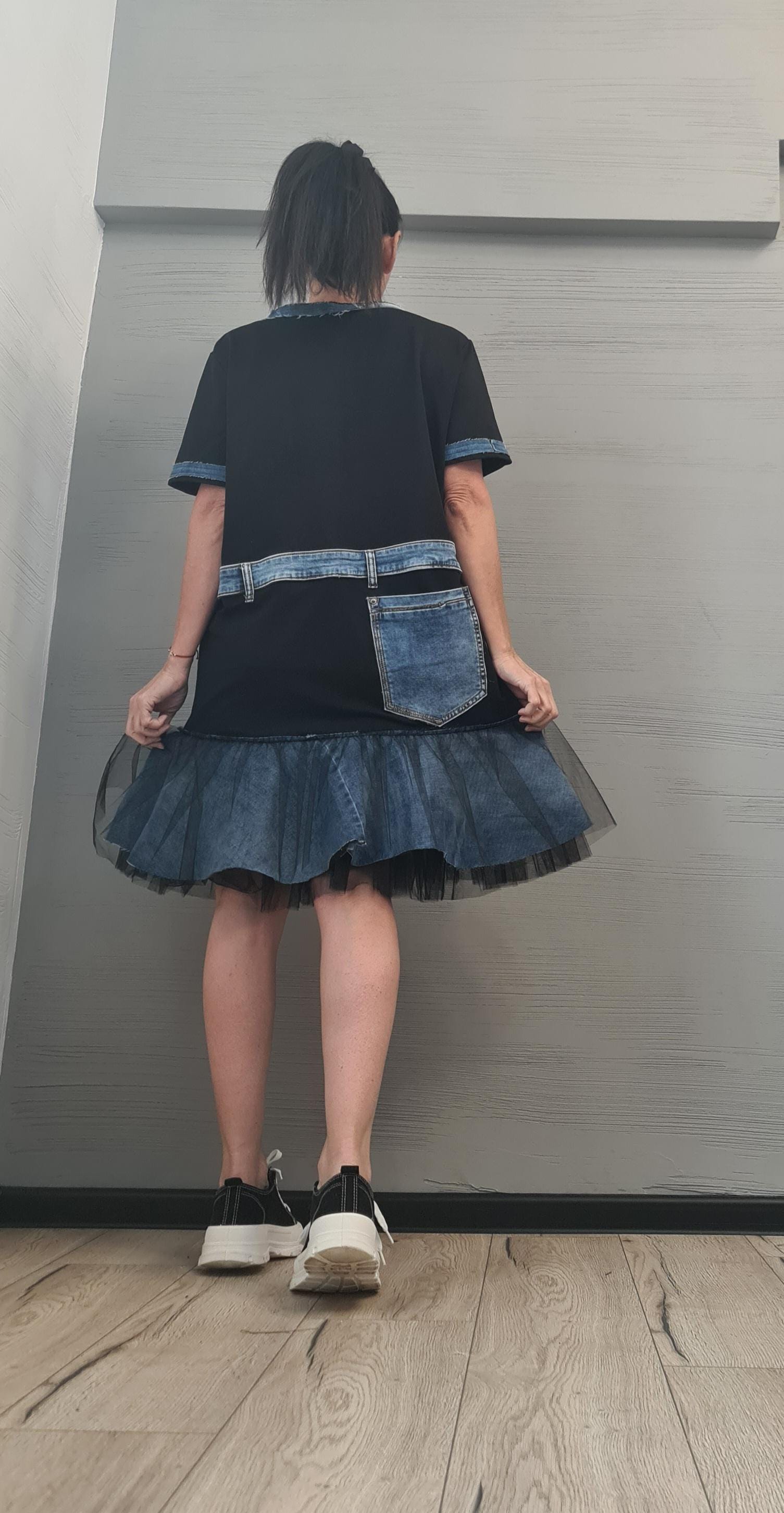 Extravagant  Dress, Cotton Denim Tunic Dress, Plus Size Clothing, Asymmetric Dress, Knee Length Dress, DRESSSHOESCODE