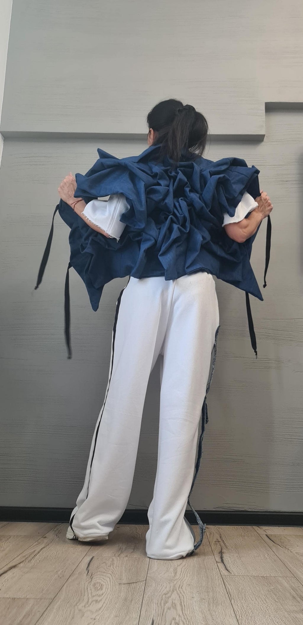 Asymmetric Denim Short Jacket – Avant-Garde Women’s Fashion, Handmade Statement Outerwear, Plus Size Available