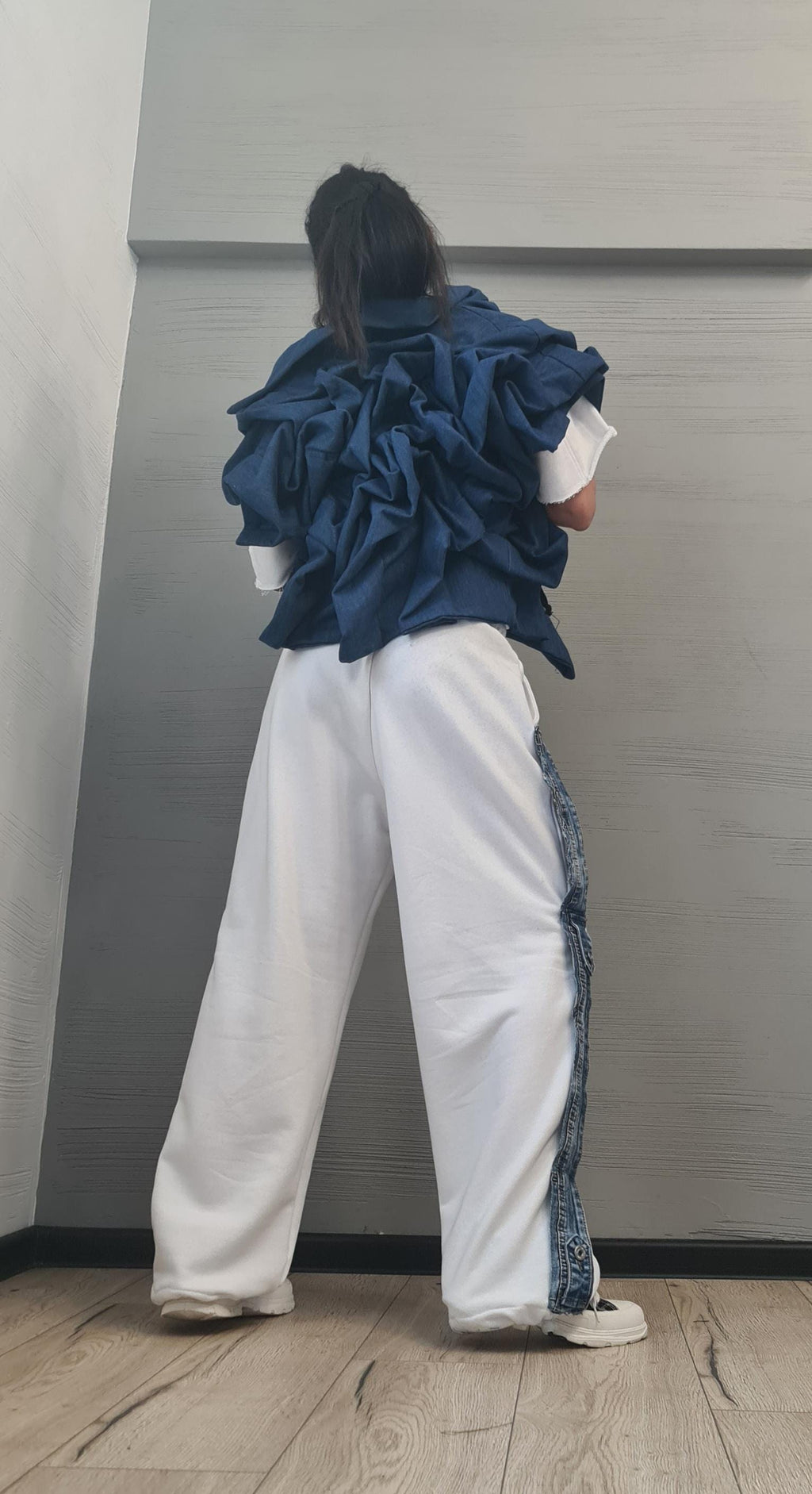 Asymmetric Denim Short Jacket – Avant-Garde Women’s Fashion, Handmade Statement Outerwear, Plus Size Available