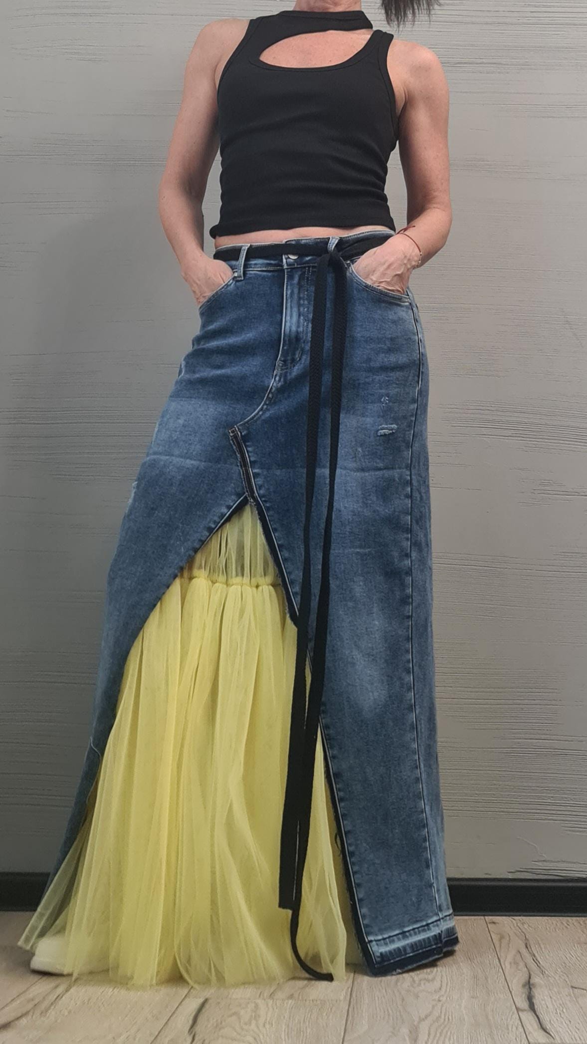 New collection Extravagant Long Skirt, Denim Tulle Skirt, Deconstructed Avant Garde Skirt DRESSSHOESCODE