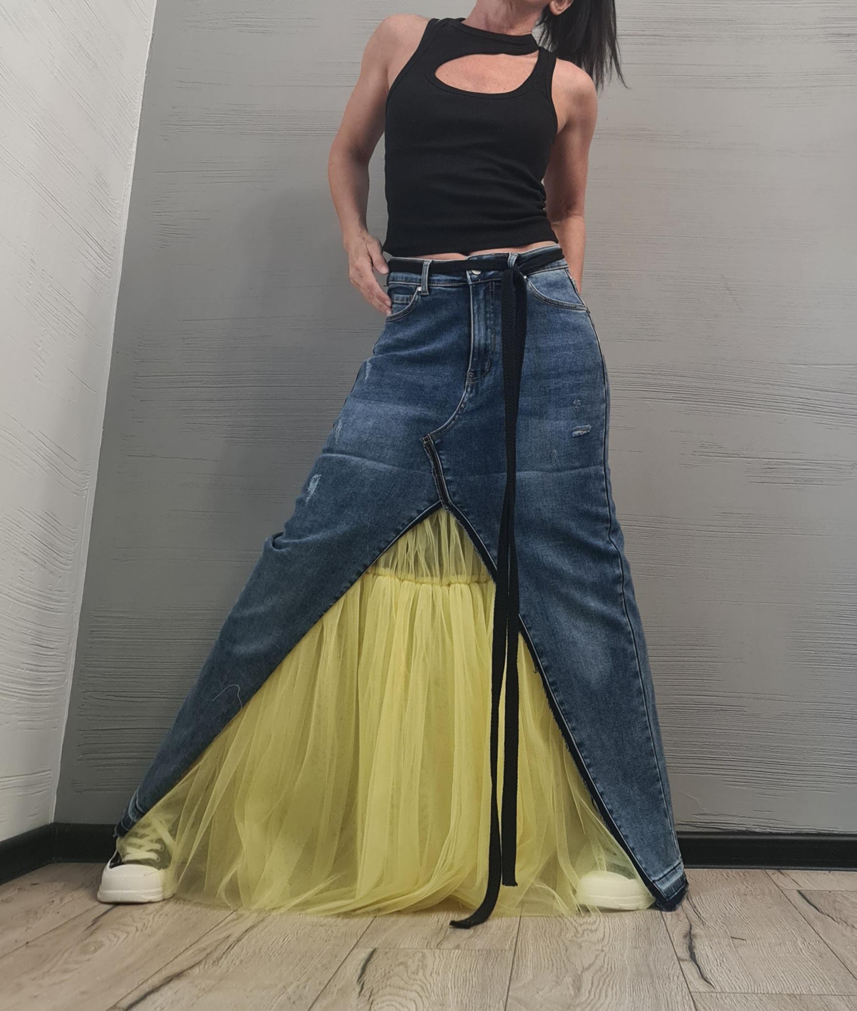 New collection Extravagant Long Skirt, Denim Tulle Skirt, Deconstructed Avant Garde Skirt DRESSSHOESCODE