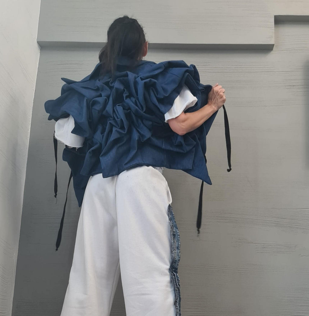 Asymmetric Denim Short Jacket – Avant-Garde Women’s Fashion, Handmade Statement Outerwear, Plus Size Available