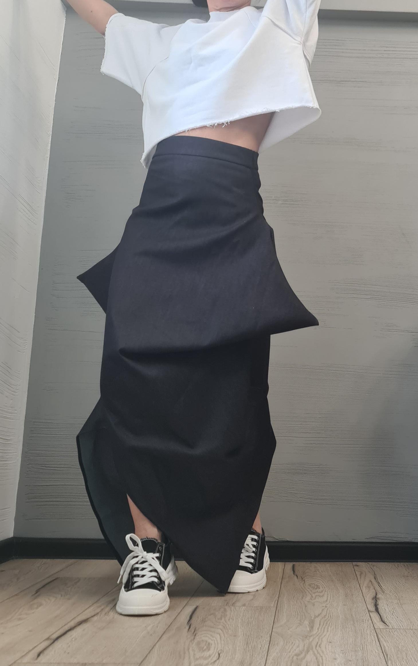 New collection Extravagant Long Skirt, Asymmetric Denim Skirt, Deconstructed Avant Garde Skirt DRESSSHOESCODE