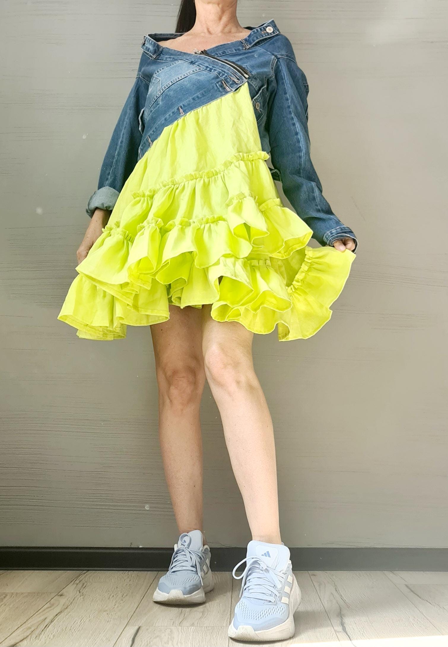 Denim Linen Dress, Asymmetric Dress, Oversize Dress, Off-shoulder, Extravagant Dress, Plus Size Dress, Avant-garde