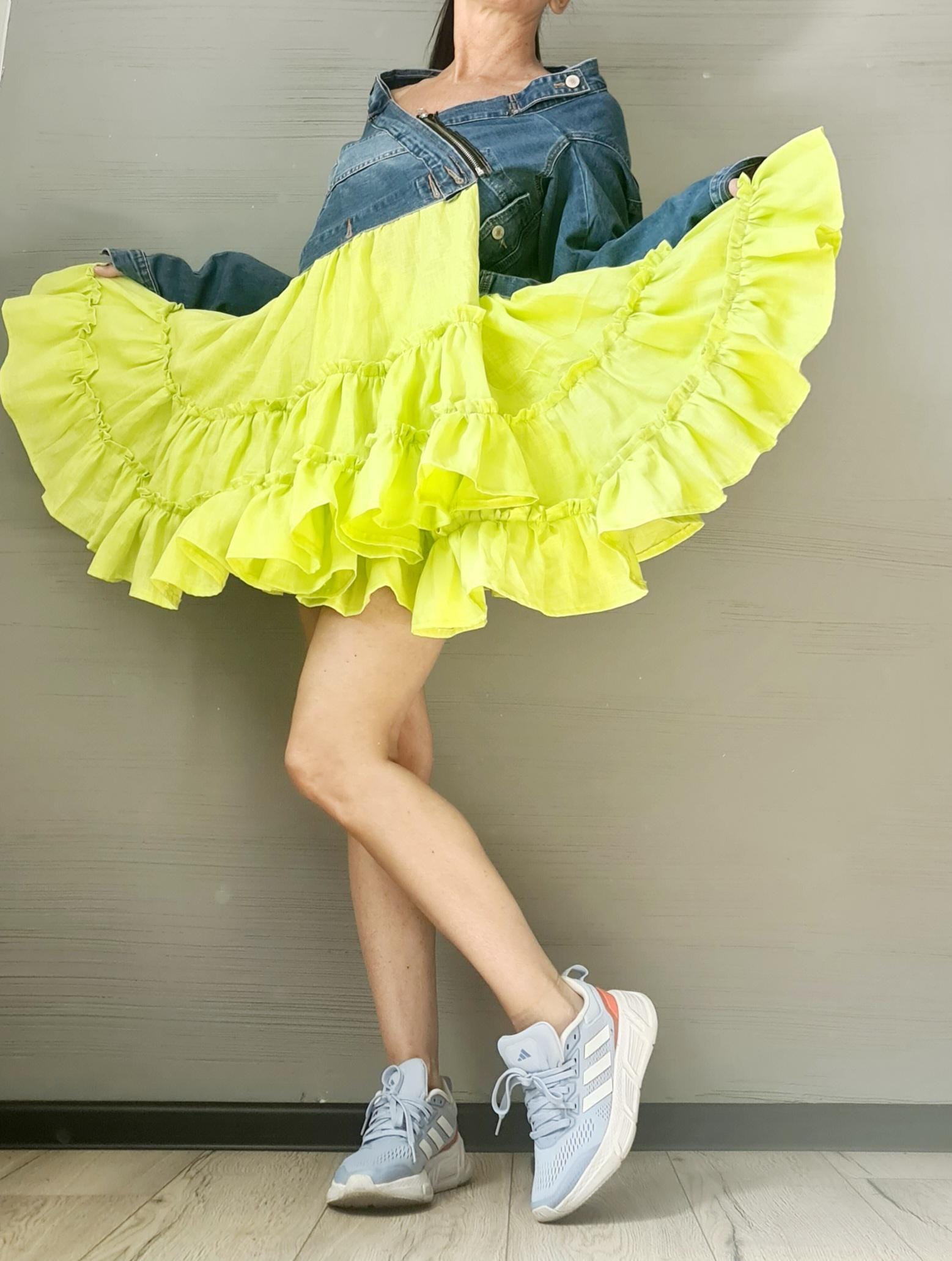 Denim Linen Dress, Asymmetric Dress, Oversize Dress, Off-shoulder, Extravagant Dress, Plus Size Dress, Avant-garde