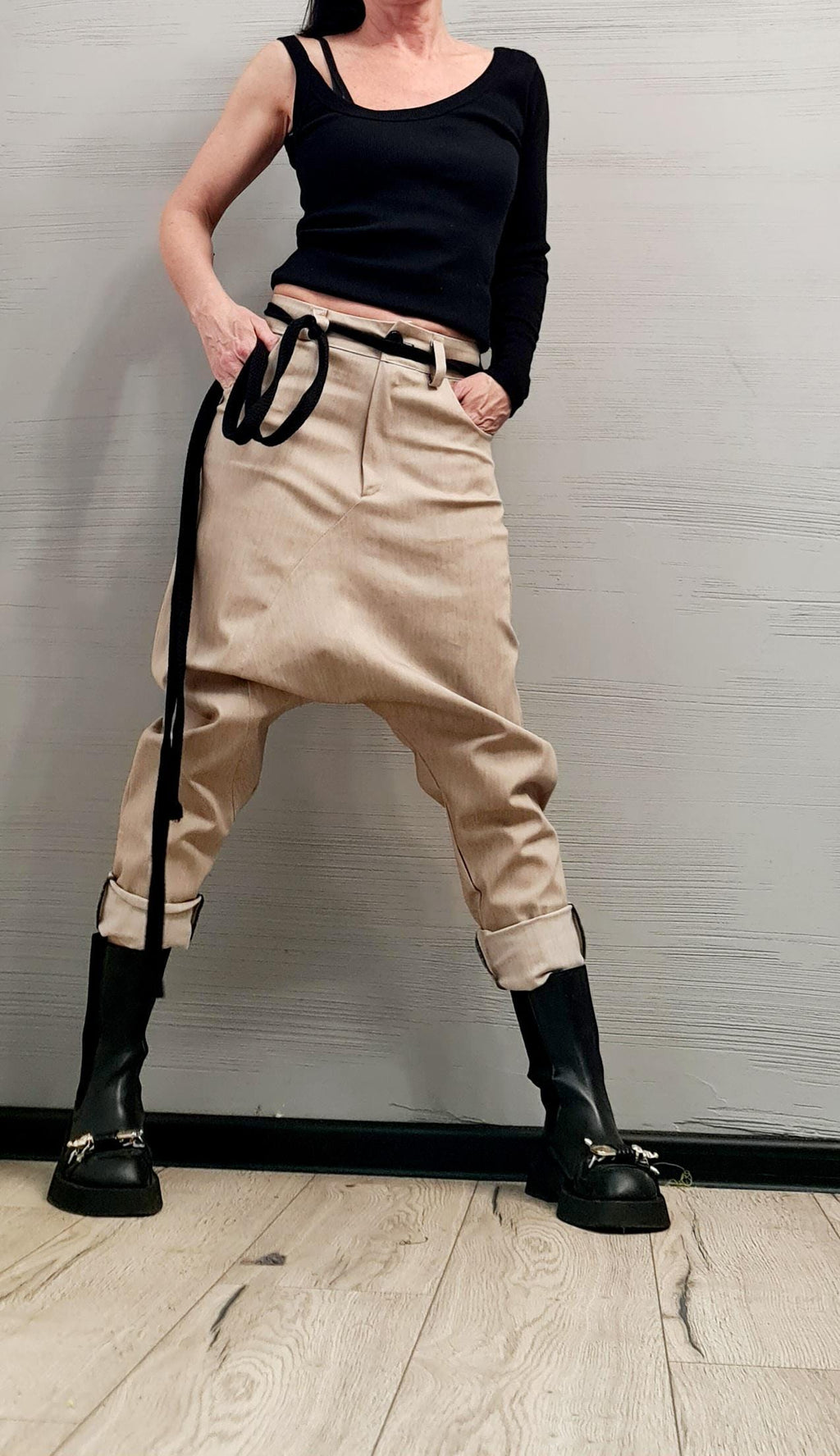 Beige Denim Harem Pants, Extravagant Pants, Unisex Denim, Women Denim Harem, DRESSSHOESCODE