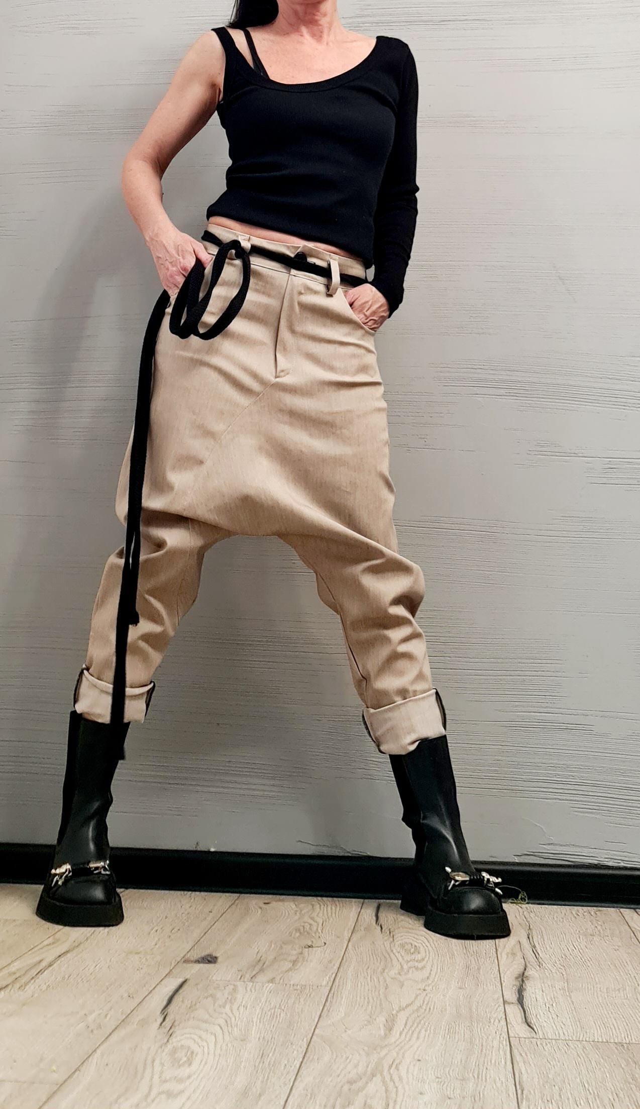 Beige Denim Harem Pants, Extravagant Pants, Unisex Denim, Women Denim Harem, DRESSSHOESCODE